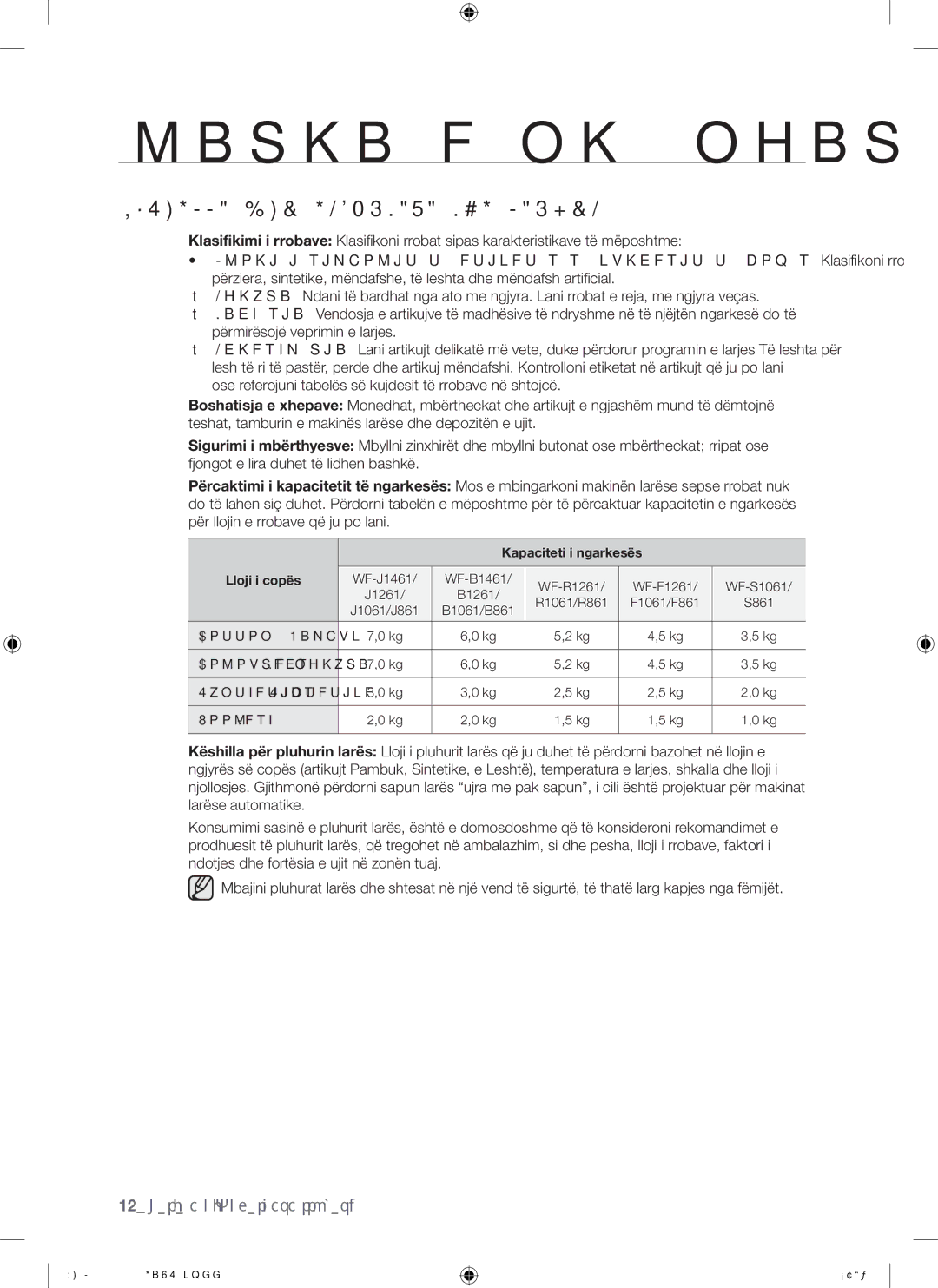 Samsung WF-F861GW/YLE, WF-F861/YLP manual Këshilla DHE Informata MBI Larjen, Kapaciteti i ngarkesës Lloji i copës 