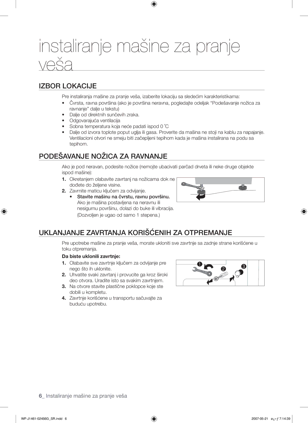 Samsung WF-F861GW/YLE, WF-F861/YLP manual Podešavanje Nožica ZA Ravnanje, Uklanjanje Zavrtanja Korišćenih ZA Otpremanje 