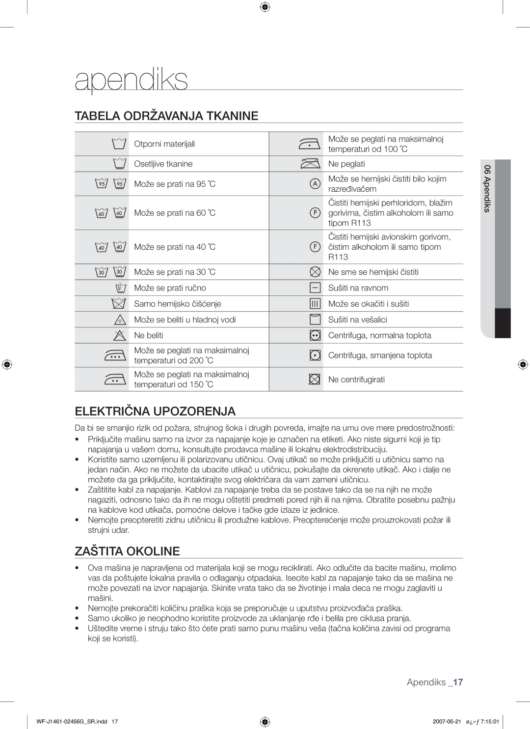 Samsung WF-F861/YLP, WF-F861GW/YLE manual Apendiks, Tabela Održavanja Tkanine, Zaštita Okoline 