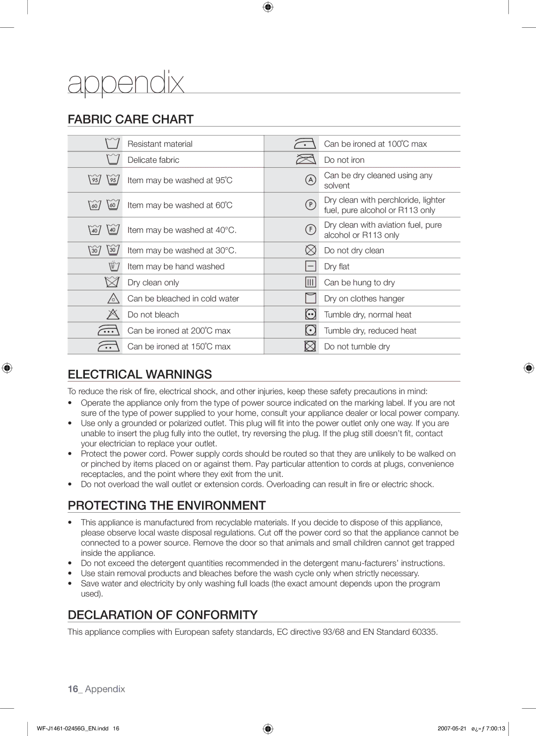 Samsung WF-F861GW/YLE, WF-F861/YLP manual Appendix, Fabric Care Chart, Electrical Warnings, Protecting the Environment 