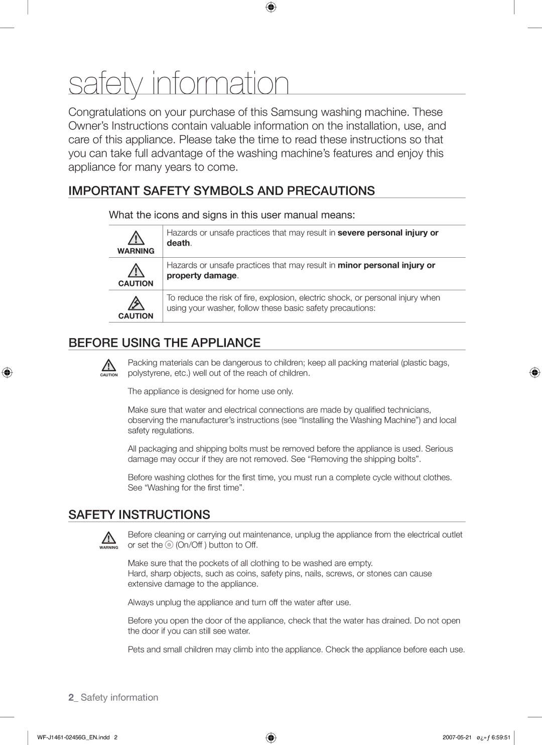 Samsung WF-F861GW/YLE manual Safety information, Important Safety Symbols and Precautions, Before Using the Appliance 