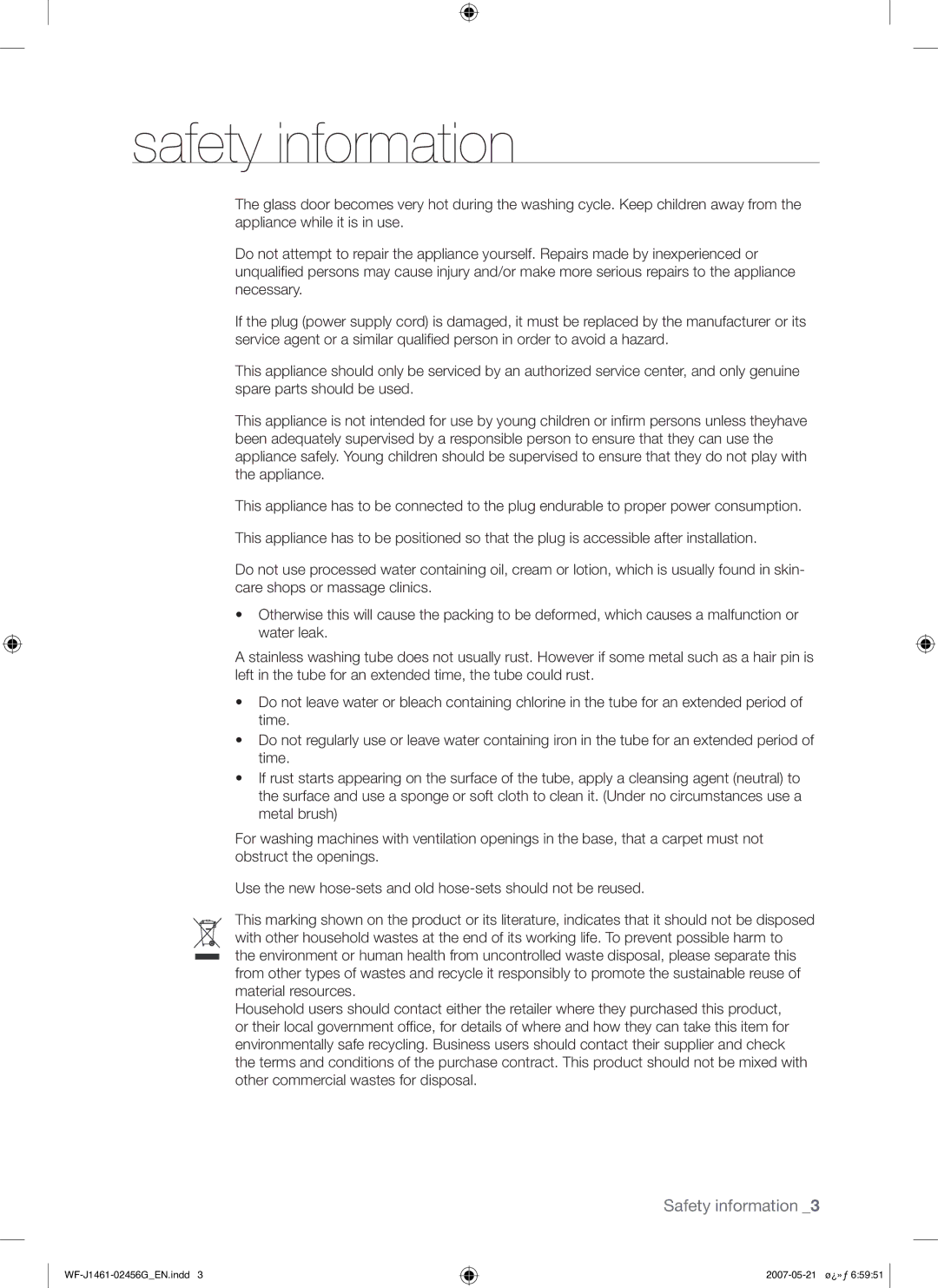 Samsung WF-F861/YLP, WF-F861GW/YLE manual Safety information 