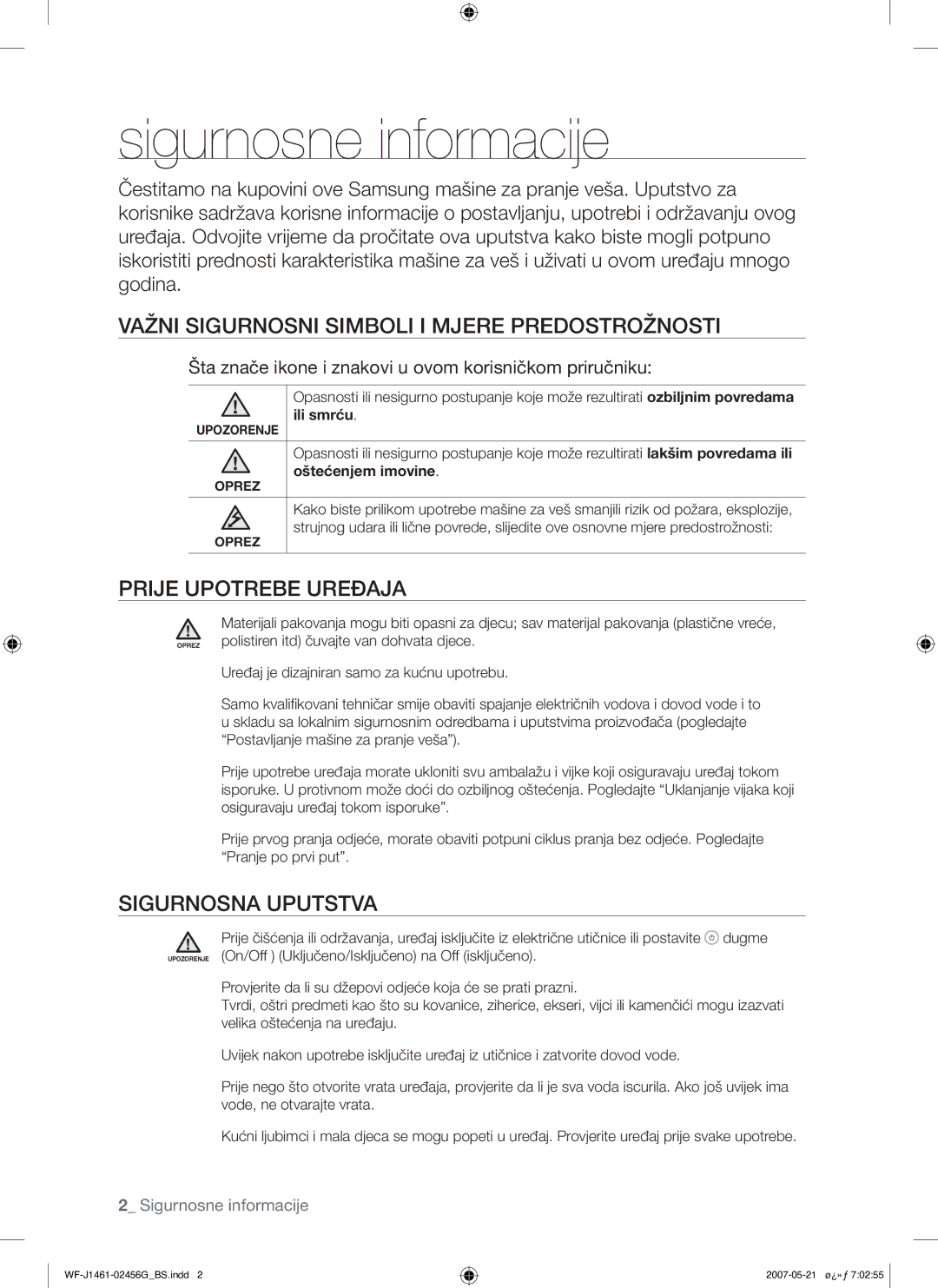 Samsung WF-F861GW/YLE Sigurnosne informacije, Važni Sigurnosni Simboli I Mjere Predostrožnosti, Prije Upotrebe Uređaja 