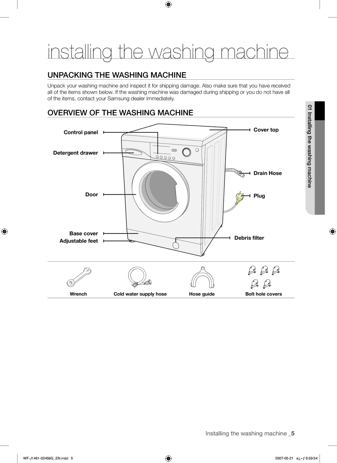 Samsung WF-F861/YLP, WF-F861GW/YLE manual Unpacking the Washing Machine, Overview of the Washing Machine 