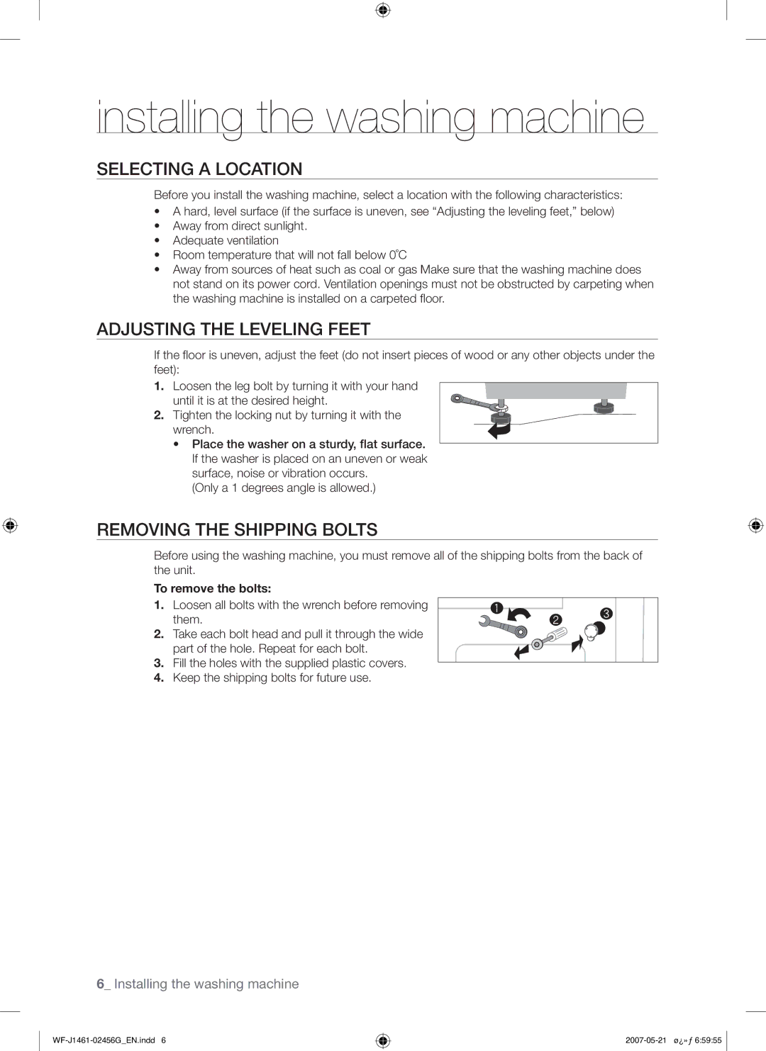 Samsung WF-F861GW/YLE, WF-F861/YLP manual Installing the washing machine, Selecting a Location, Adjusting the Leveling Feet 