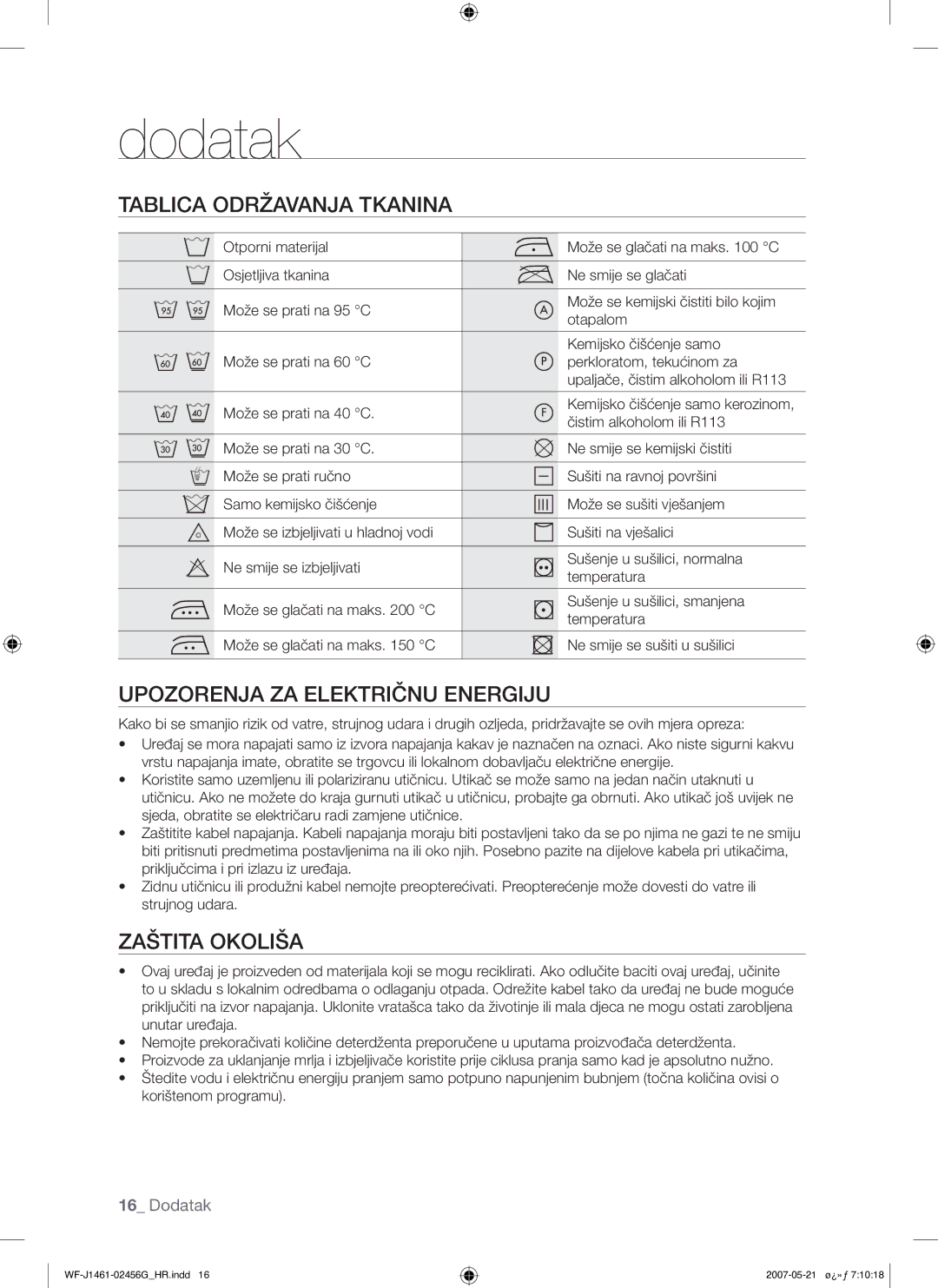 Samsung WF-F861GW/YLE, WF-F861/YLP manual Tablica Održavanja Tkanina, Upozorenja ZA Električnu Energiju 