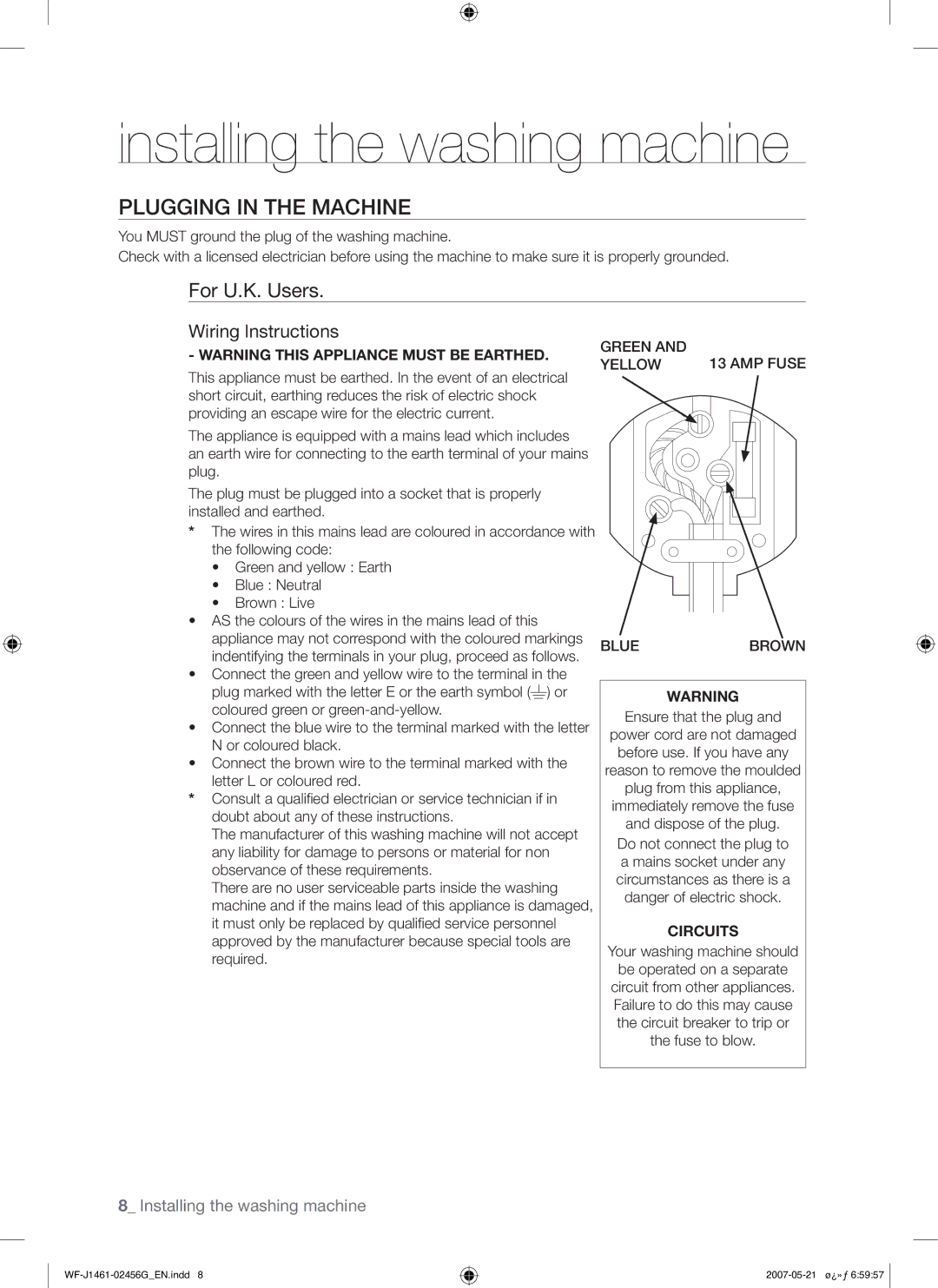 Samsung WF-F861GW/YLE, WF-F861/YLP manual Plugging in the Machine, For U.K. Users, Wiring lnstructions, Circuits 