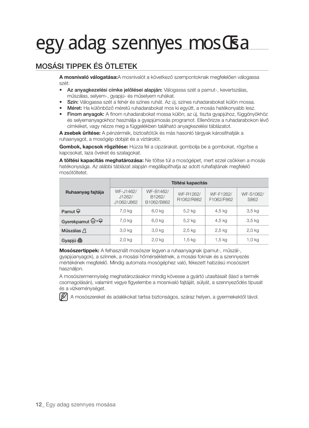 Samsung WF-F1062GW/XEH, WF-F862GW/XEH, WF-R1062GW/XEH, WF-R862GW/XEH manual Mosási Tippek ÉS Ötletek, Ruhaanyag fajtája 