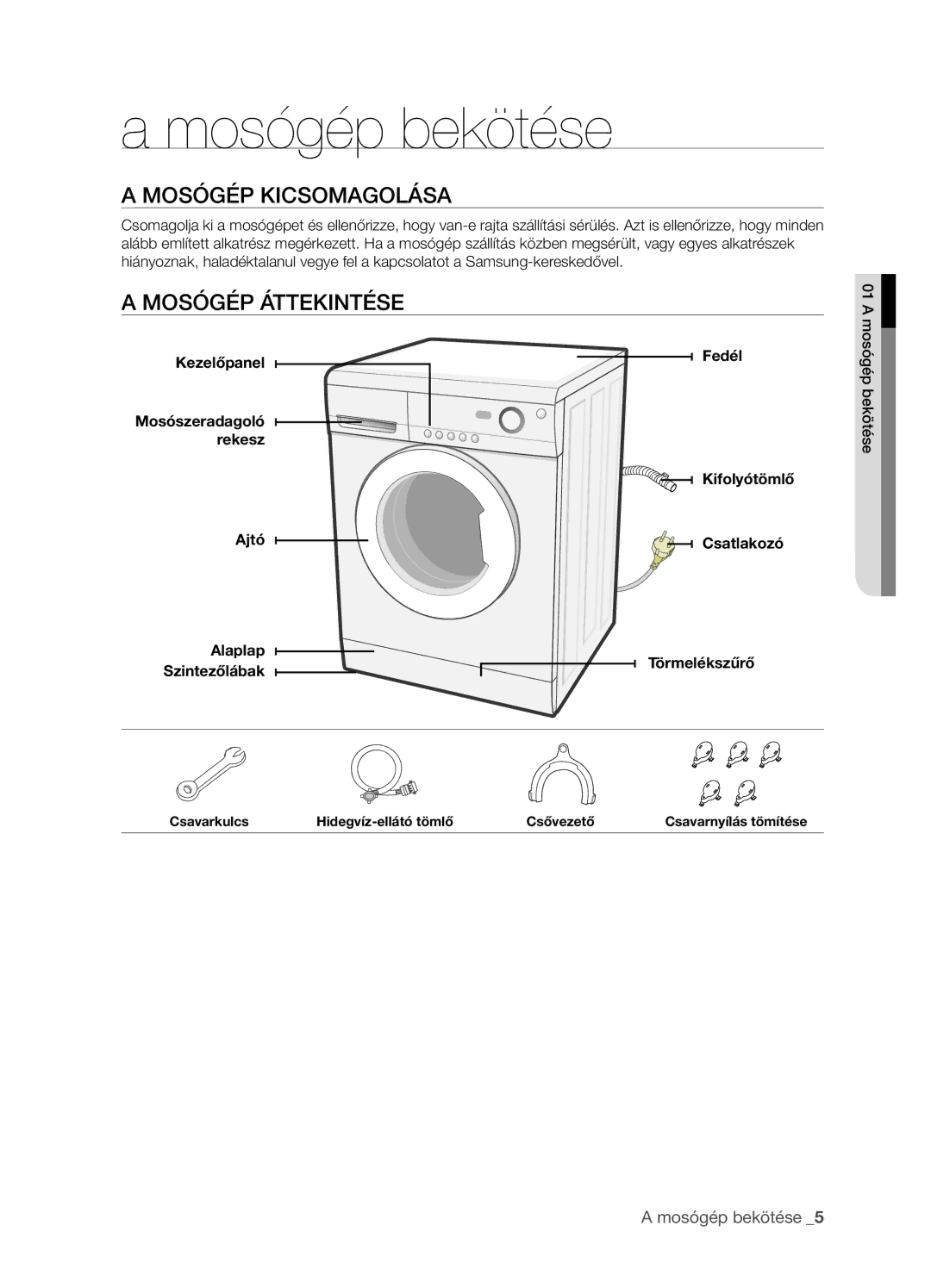 Samsung WF-F862GW/XEH, WF-R1062GW/XEH, WF-F1062GW/XEH manual Mosógép bekötése, Mosógép Kicsomagolása, Mosógép Áttekintése 