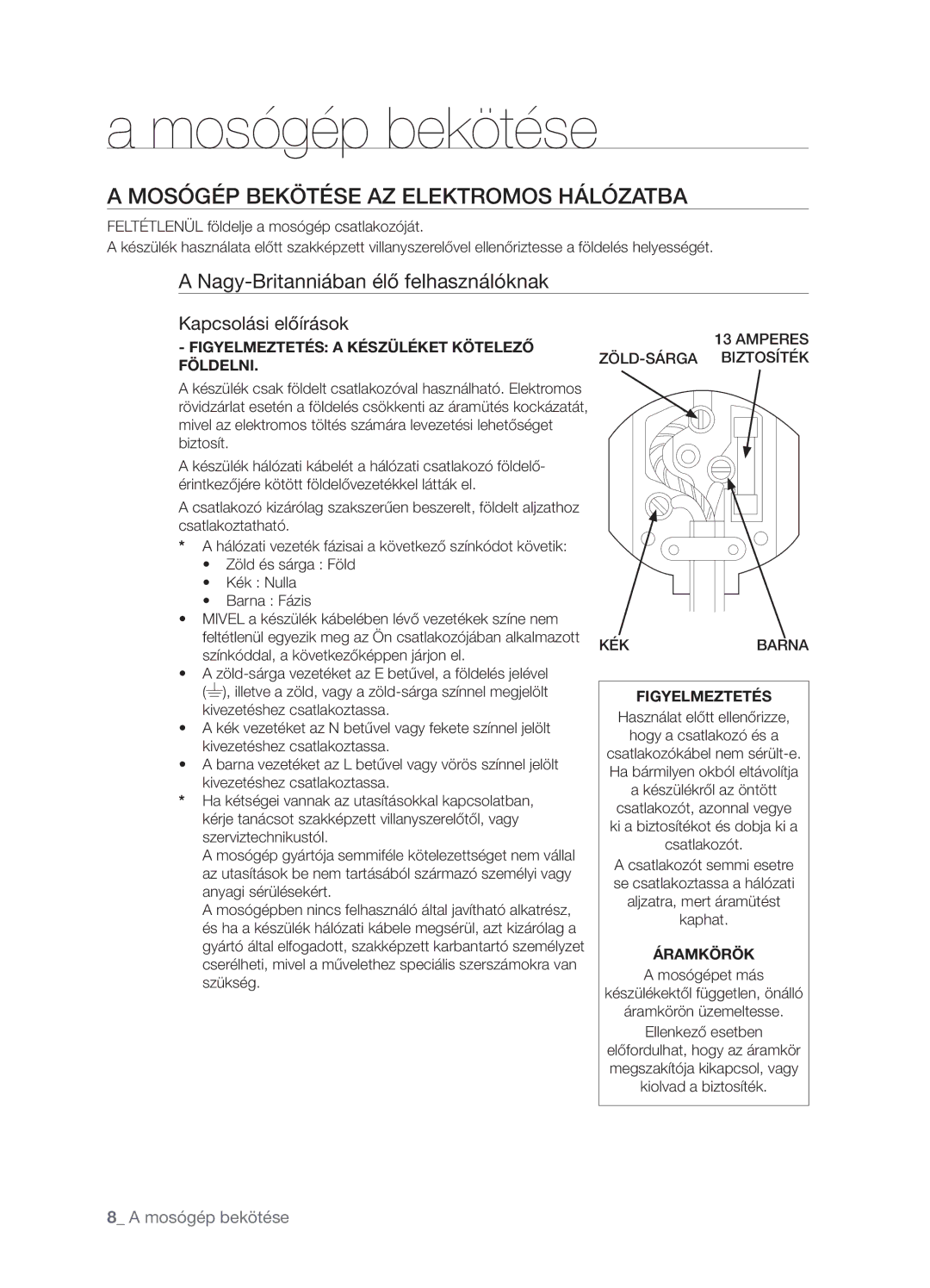 Samsung WF-R862GW/XEH, WF-F862GW/XEH manual Mosógép Bekötése AZ Elektromos Hálózatba, Nagy-Britanniában élő felhasználóknak 