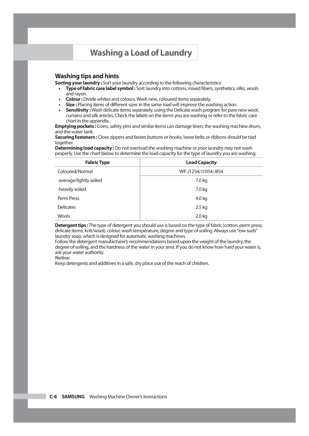 Samsung WF-J1054 manual Washing tips and hints, Fabric Type Load Capacity, Coloured/Normal 