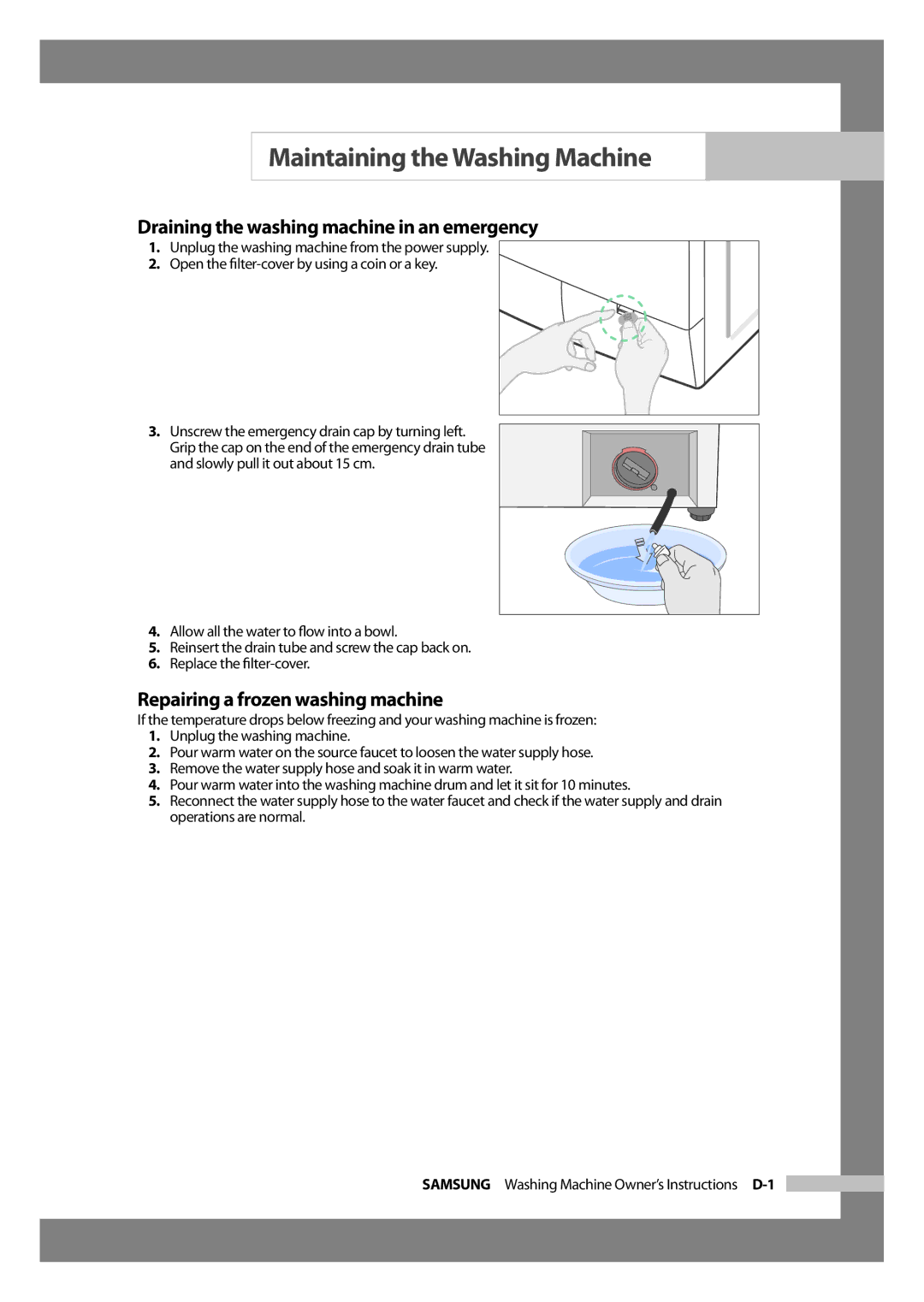 Samsung WF-J1054 manual Maintaining the Washing Machine, Draining the washing machine in an emergency 