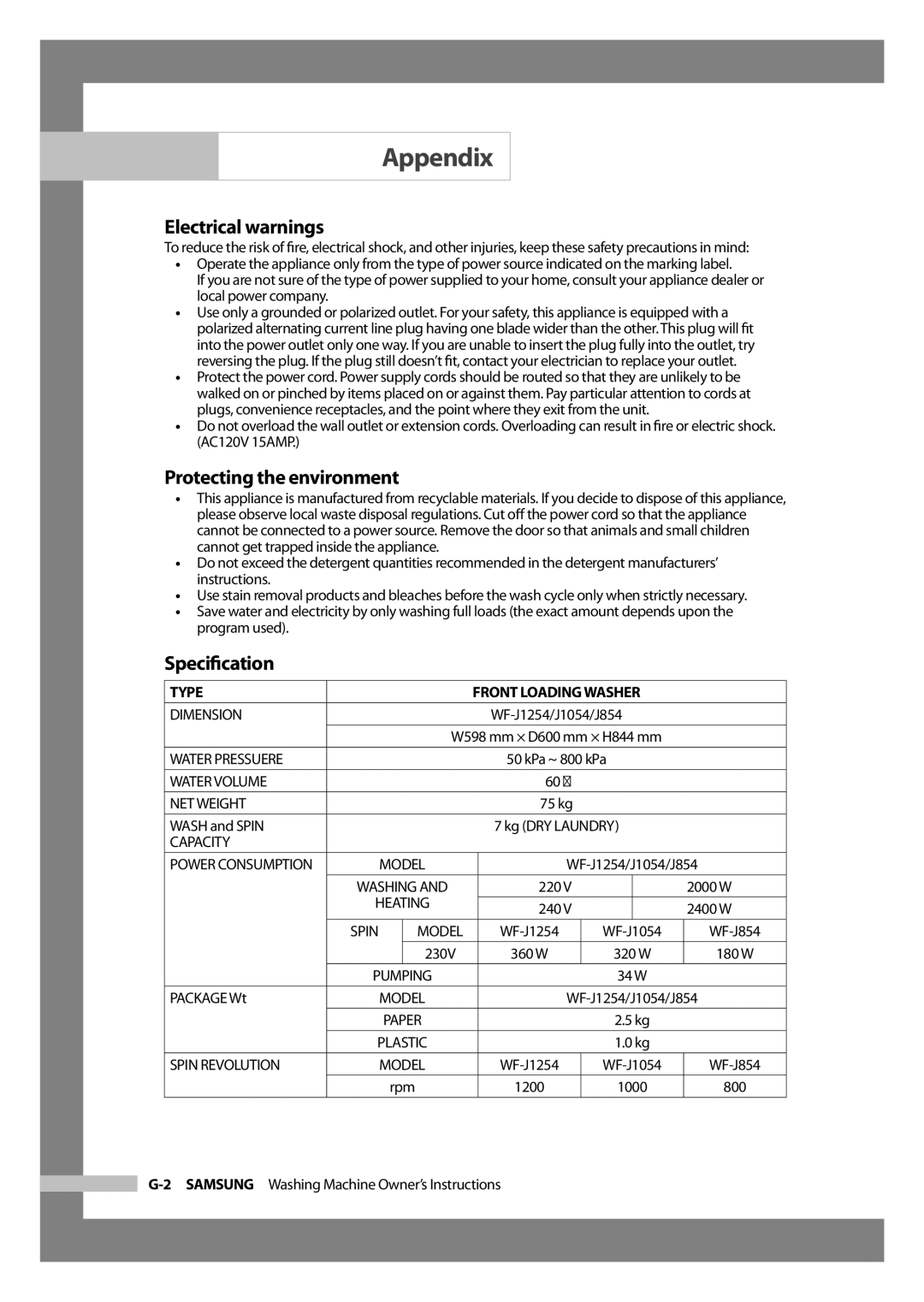 Samsung WF-J1054 manual Electrical warnings, Protecting the environment, Speciﬁcation 