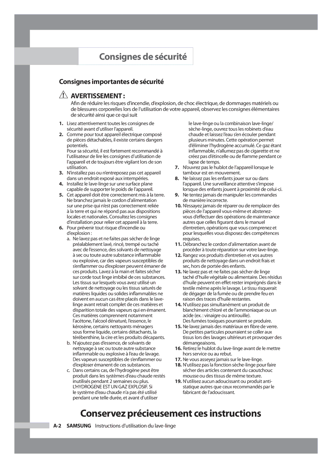 Samsung WF-J1054 manual Consignes importantes de sécurité, Samsung Instructions d’utilisation du lave-linge 