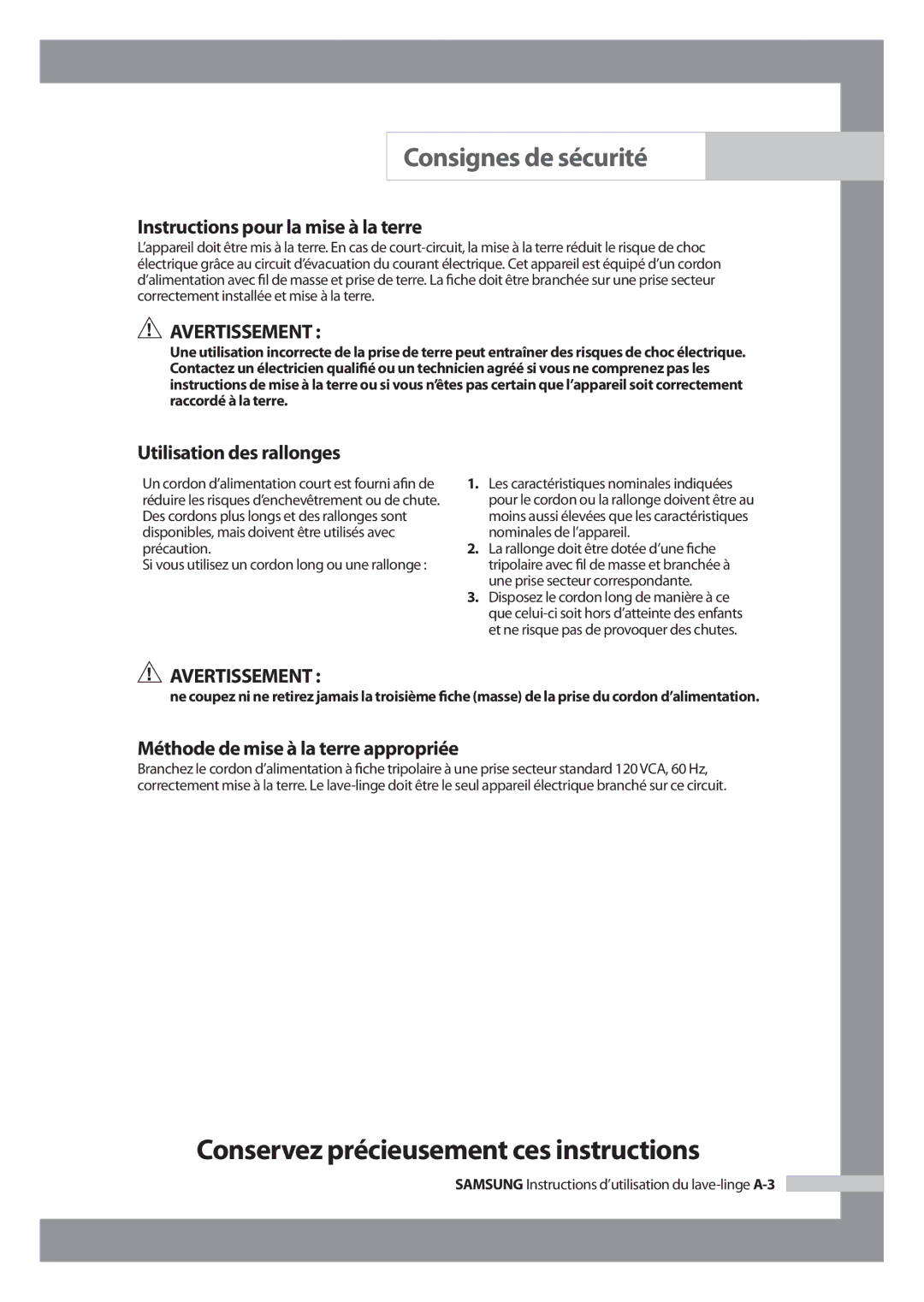 Samsung WF-J1054 Instructions pour la mise à la terre, Utilisation des rallonges, Méthode de mise à la terre appropriée 