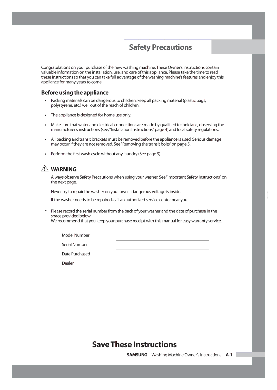 Samsung WF-J1054 manual Safety Precautions, Before using the appliance 