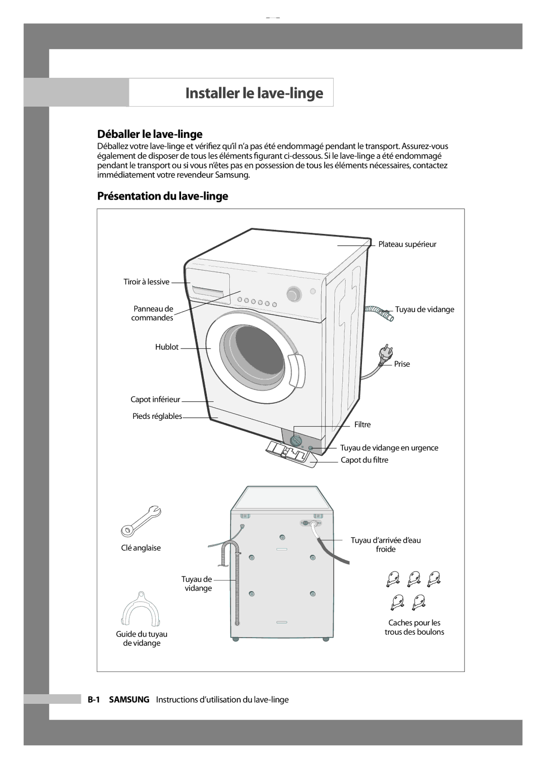 Samsung WF-J1054 manual Installer le lave-linge, Déballer le lave-linge, Présentation du lave-linge 