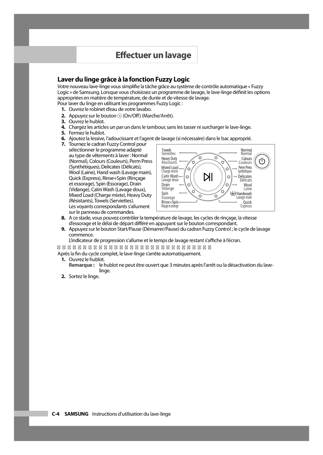 Samsung WF-J1054 manual Laver du linge grâce à la fonction Fuzzy Logic, Lorsque le cycle est terminé 