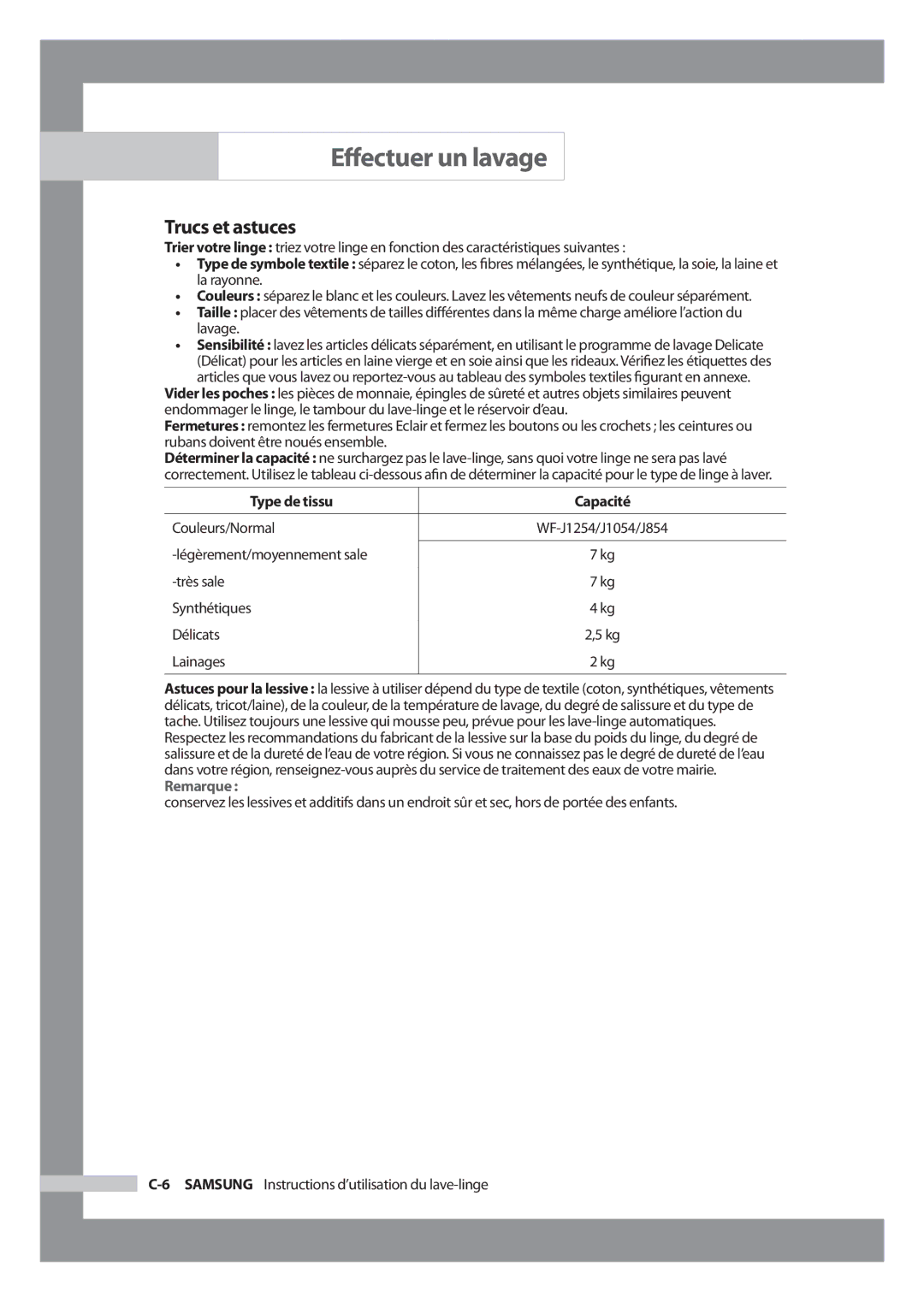 Samsung WF-J1054 manual Trucs et astuces, Type de tissu Capacité, Couleurs/Normal 