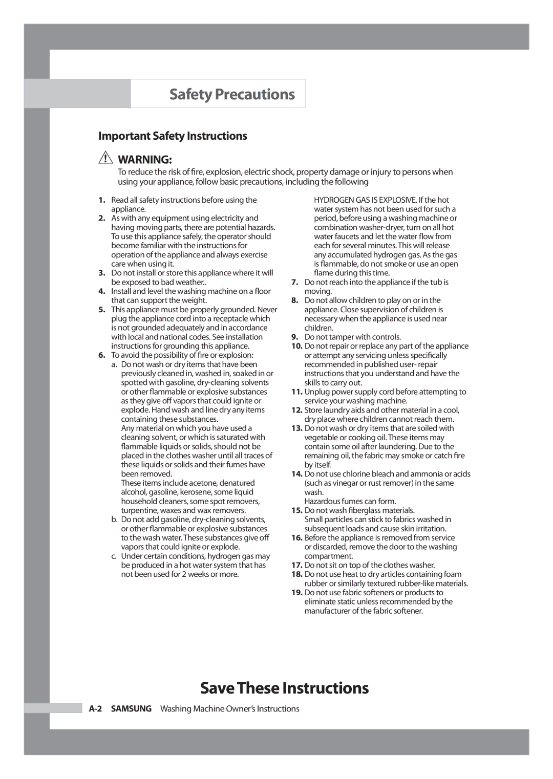 Samsung WF-J1054 manual Important Safety Instructions, Samsung Washing Machine Owner’s Instructions 