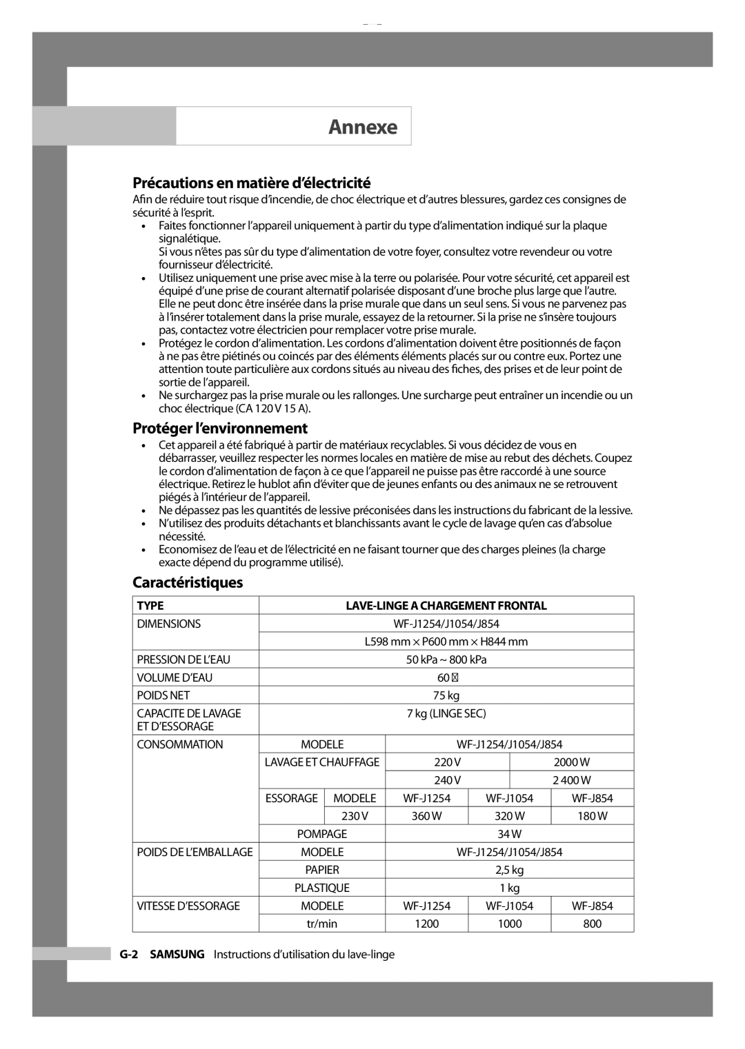 Samsung WF-J1054 manual Précautions en matière d’électricité, Protéger l’environnement, Caractéristiques, 400 W, Tr/min 