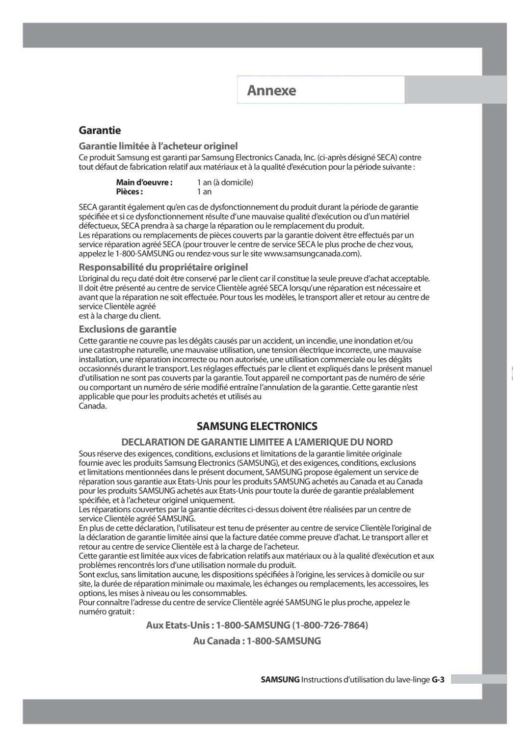 Samsung WF-J1054 manual Garantie limitée à l’acheteur originel, Responsabilité du propriétaire originel 