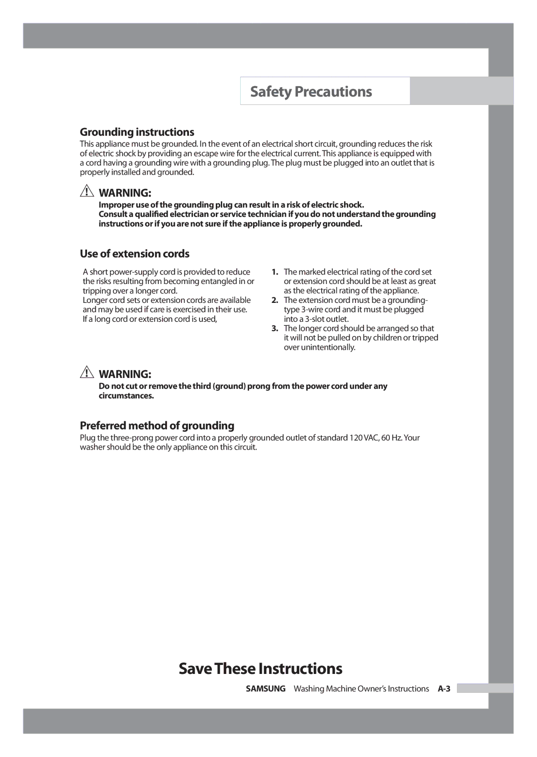 Samsung WF-J1054 manual Grounding instructions, Use of extension cords, Preferred method of grounding 