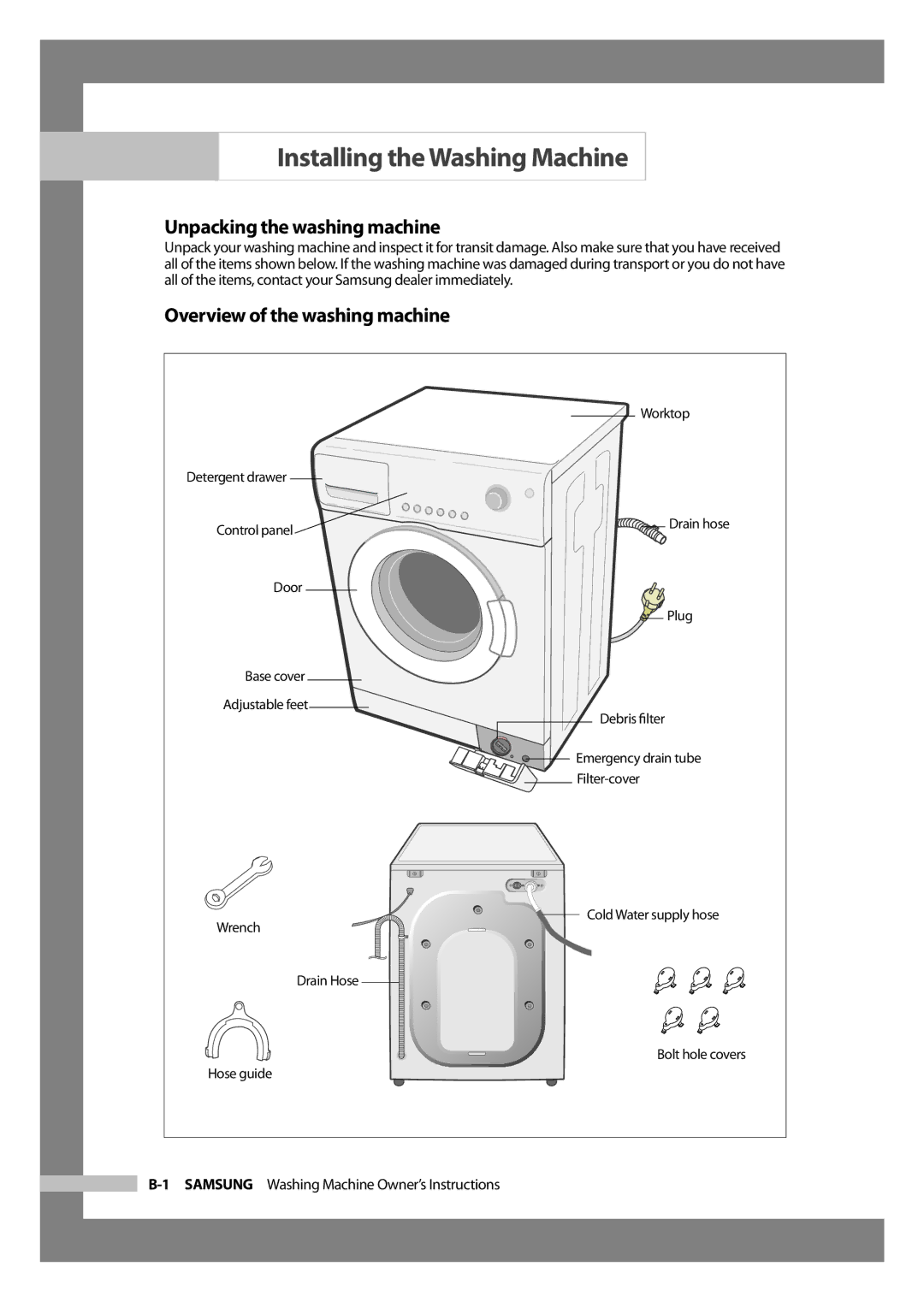 Samsung WF-J1054 manual Installing the Washing Machine, Unpacking the washing machine, Overview of the washing machine 