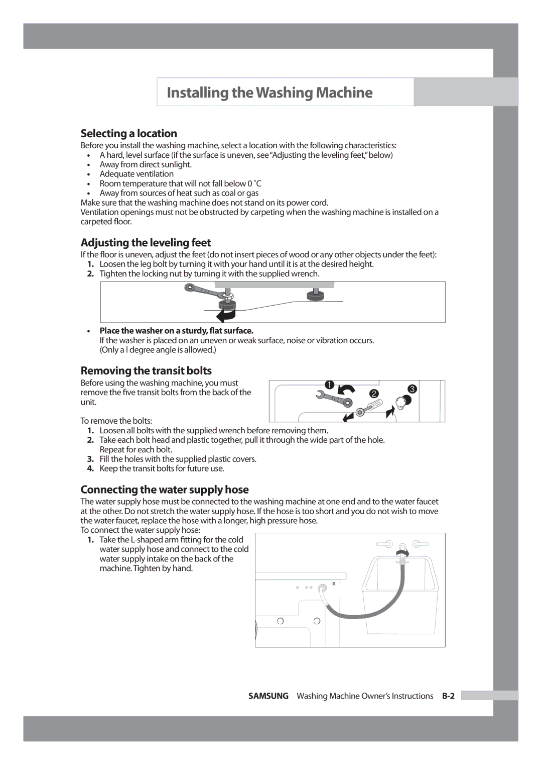 Samsung WF-J1054 manual Selecting a location, Adjusting the leveling feet, Removing the transit bolts 