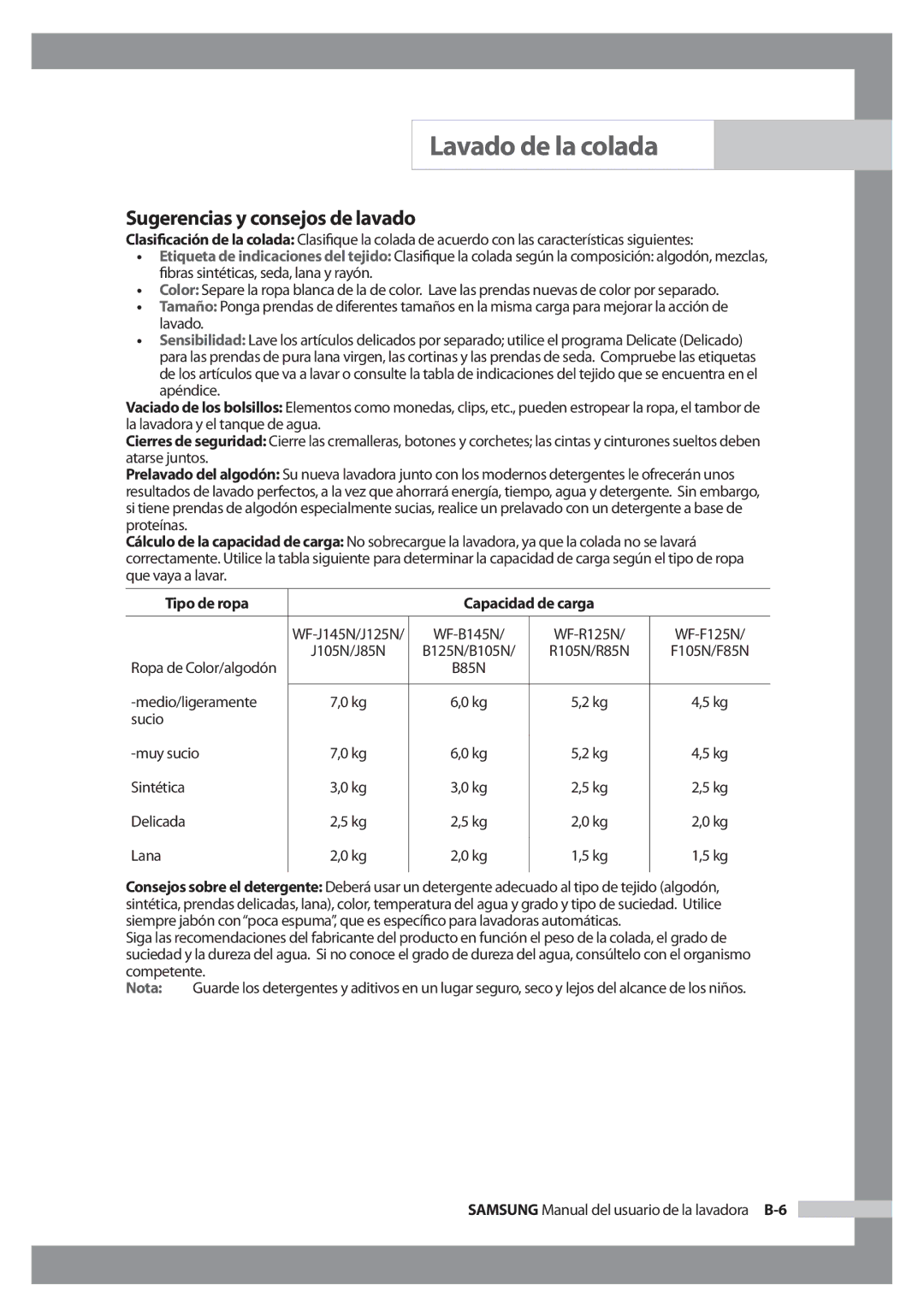 Samsung WF-J125N/XEC manual Sugerencias y consejos de lavado, Tipo de ropa Capacidad de carga 