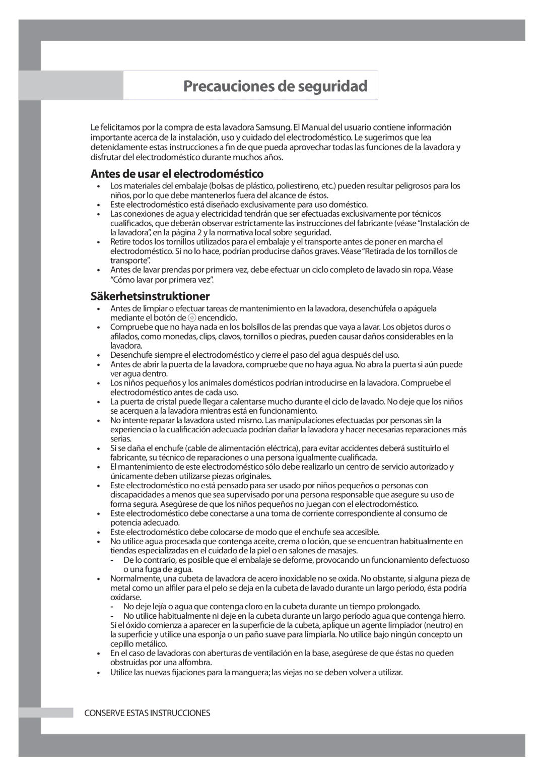 Samsung WF-J125N/XEC manual Precauciones de seguridad, Antes de usar el electrodoméstico, Säkerhetsinstruktioner 