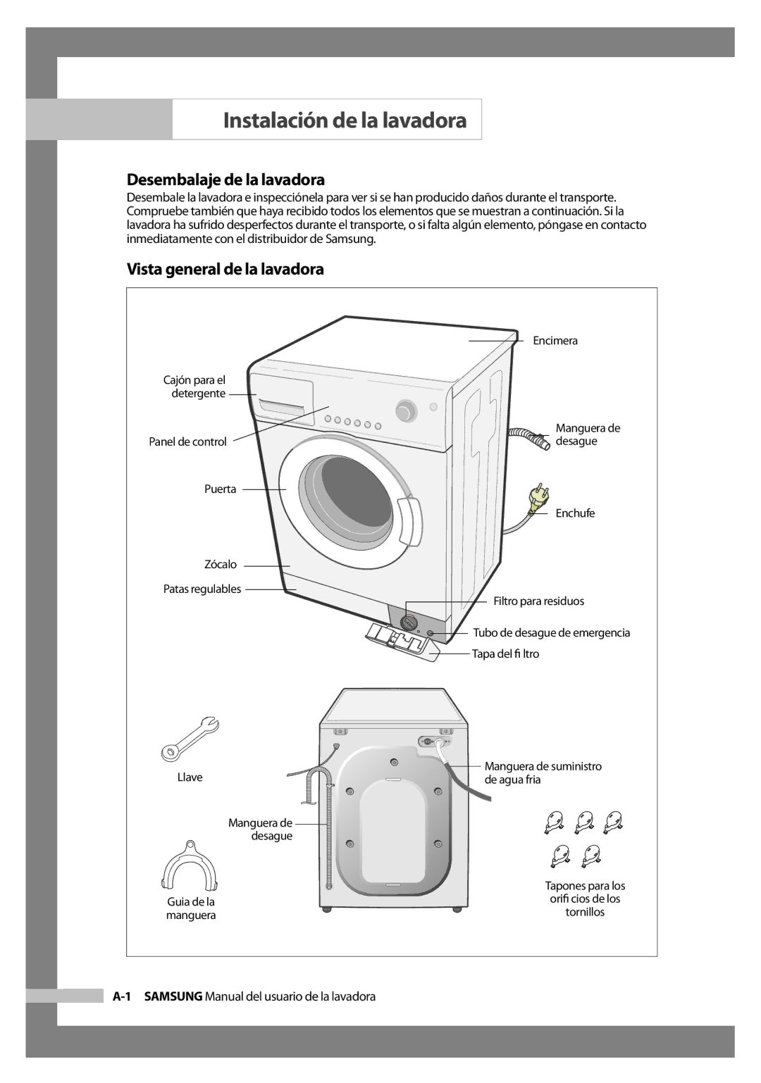 Samsung WF-J125N/XEC manual Instalación de la lavadora, Desembalaje de la lavadora, Vista general de la lavadora 