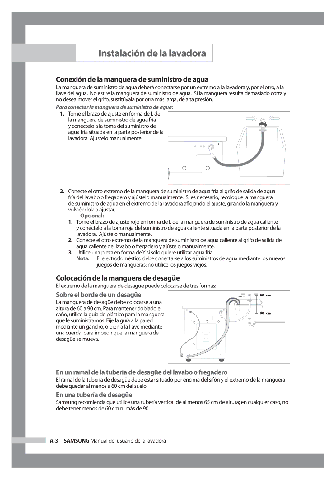 Samsung WF-J125N/XEC manual Conexión de la manguera de suministro de agua, Colocación de la manguera de desagüe 