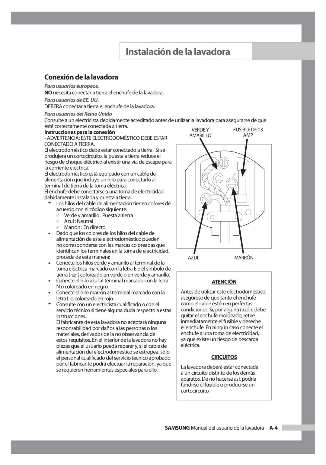 Samsung WF-J125N/XEC manual Conexión de la lavadora, Para usuarios europeos, Para usuarios de EE. UU 