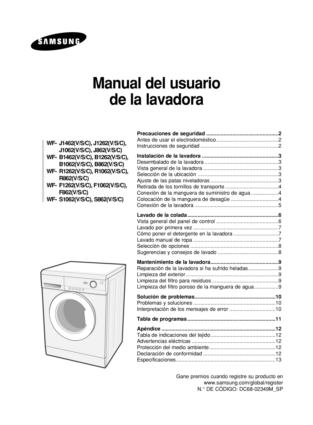 Samsung WF-B1262/XEC, WF-J1262/XEC manual Manual del usuario De la lavadora 