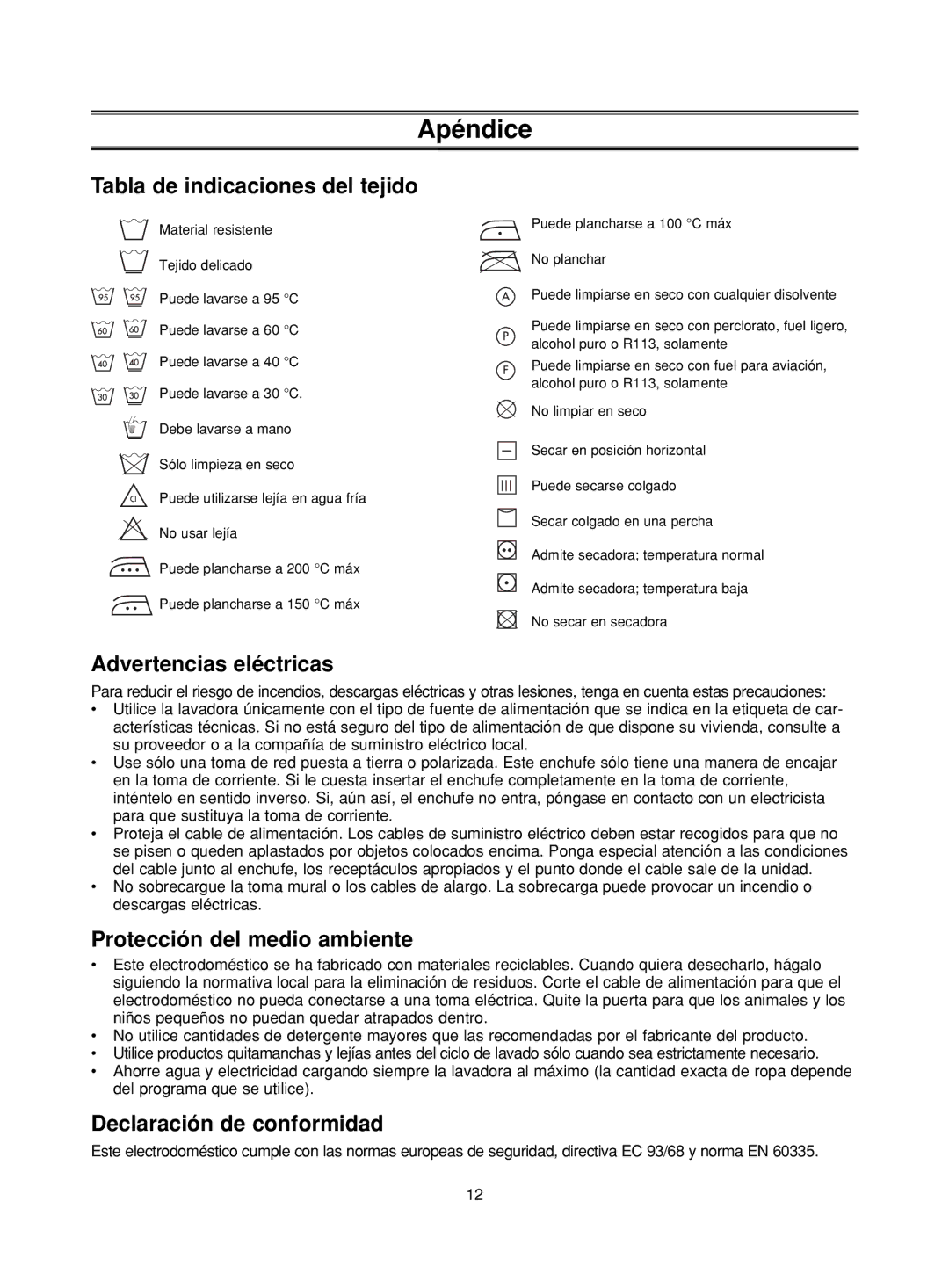 Samsung WF-J1262/XEC Apéndice, Tabla de indicaciones del tejido, Advertencias eléctricas, Protección del medio ambiente 