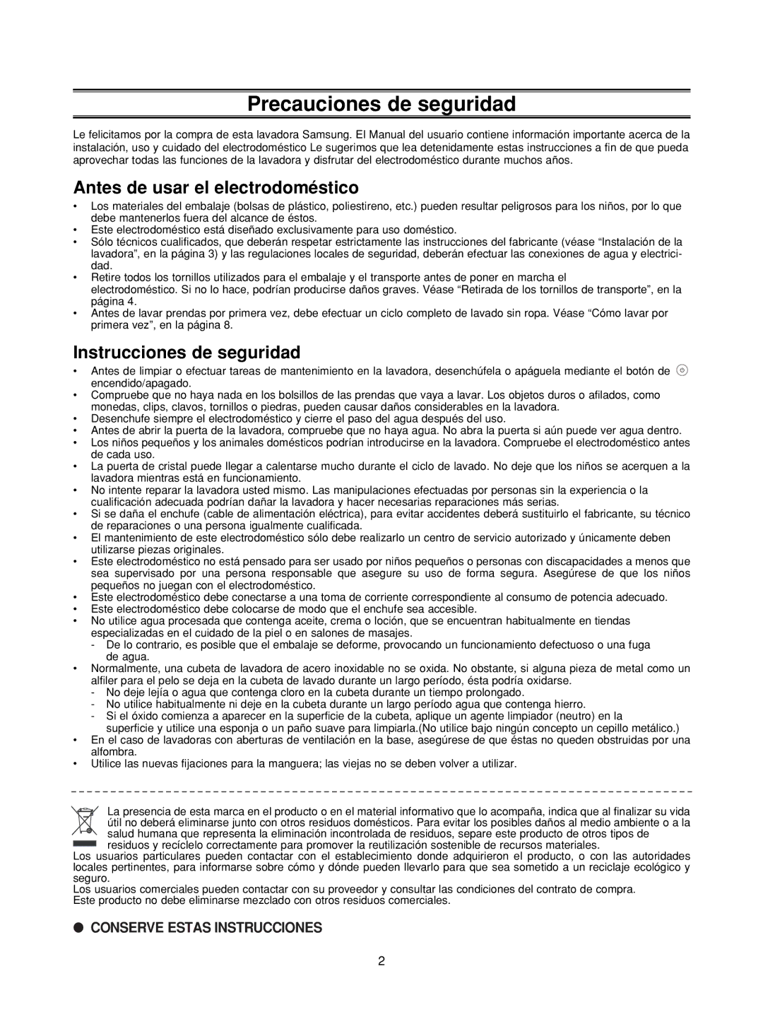 Samsung WF-J1262/XEC manual Precauciones de seguridad, Antes de usar el electrodoméstico, Instrucciones de seguridad 