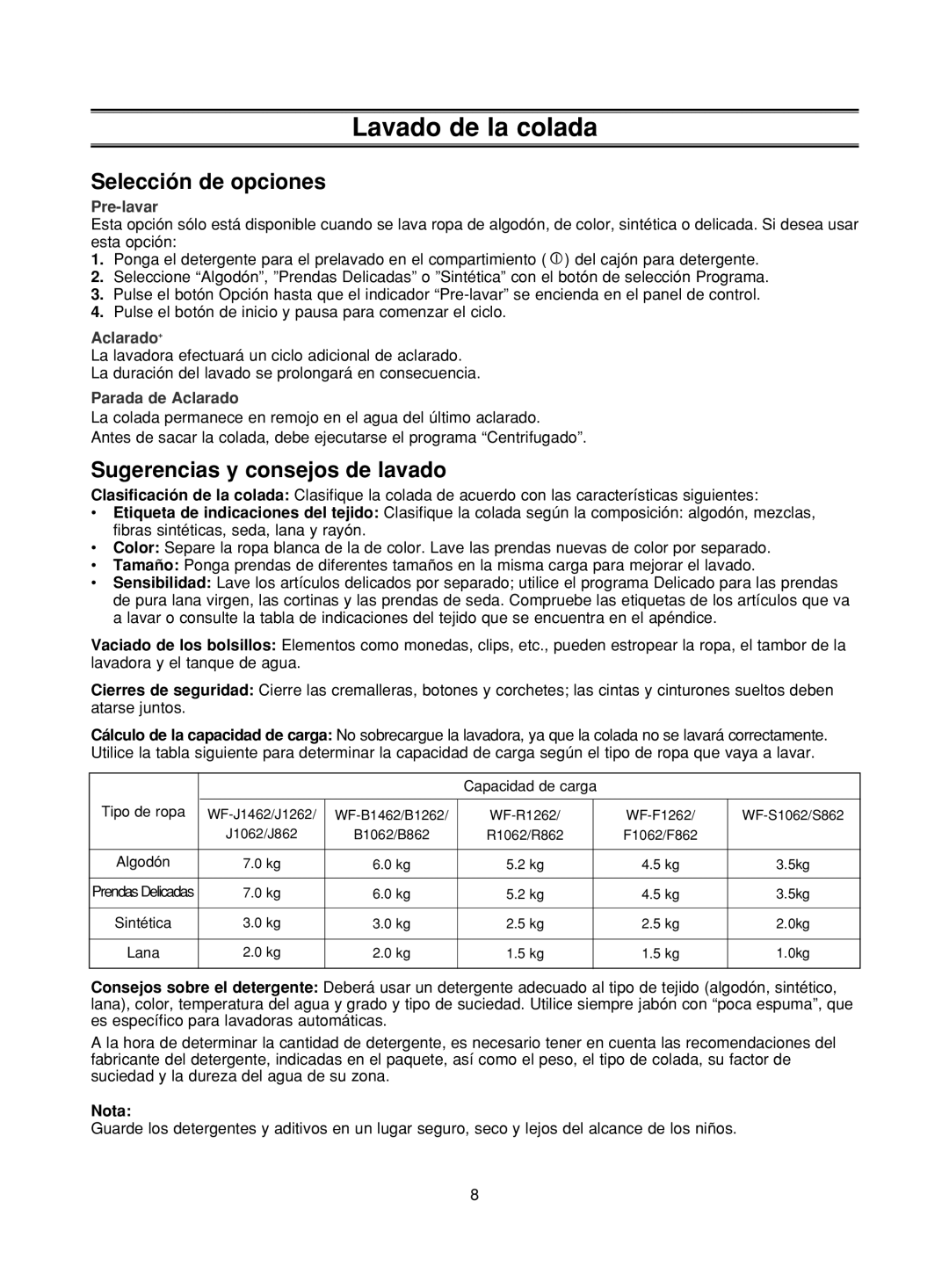 Samsung WF-J1262/XEC, WF-B1262/XEC manual Selección de opciones, Sugerencias y consejos de lavado, Nota 