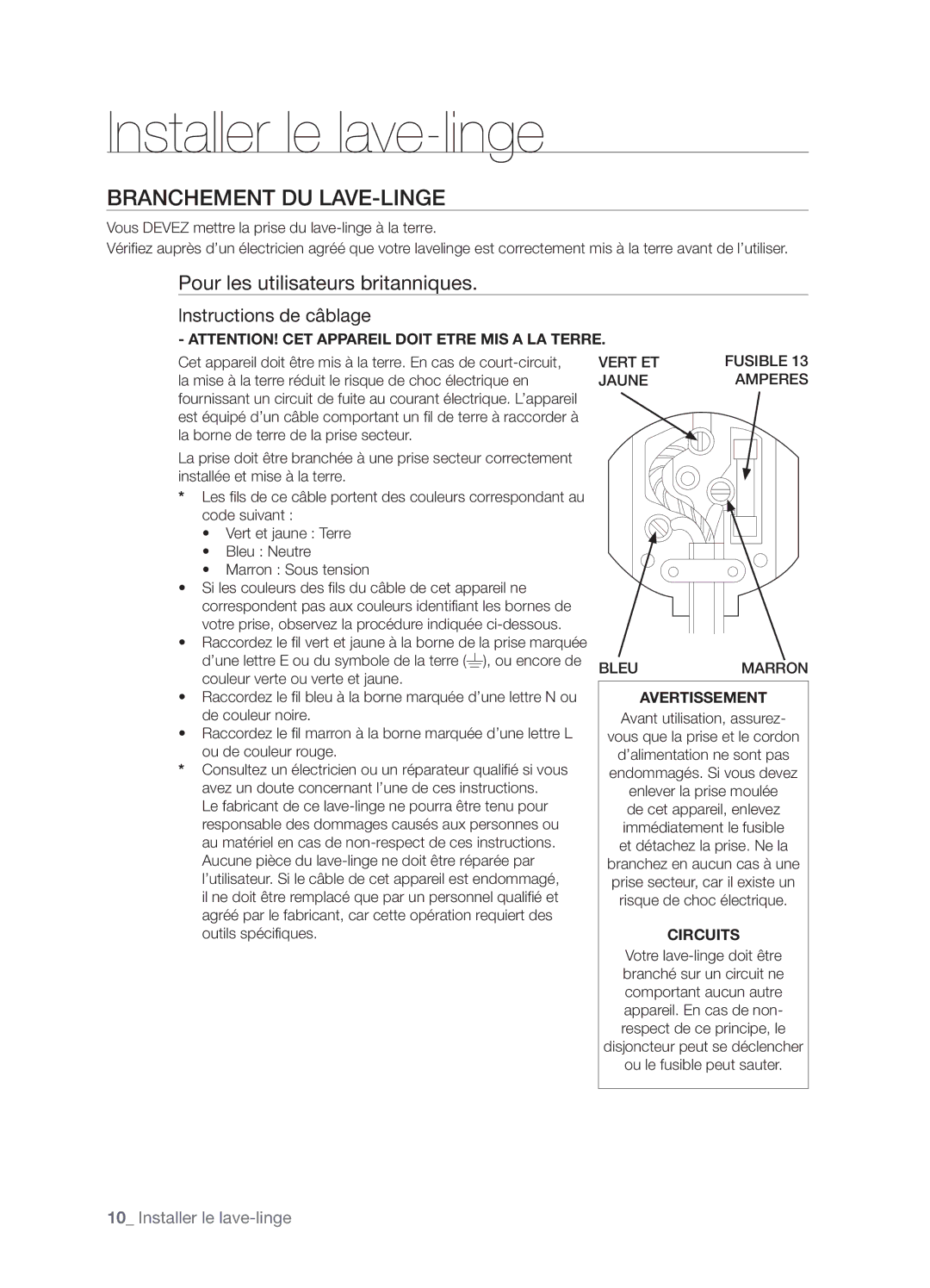 Samsung WF-J1263/XEF manual Branchement DU LAVE-LINGE, Pour les utilisateurs britanniques 