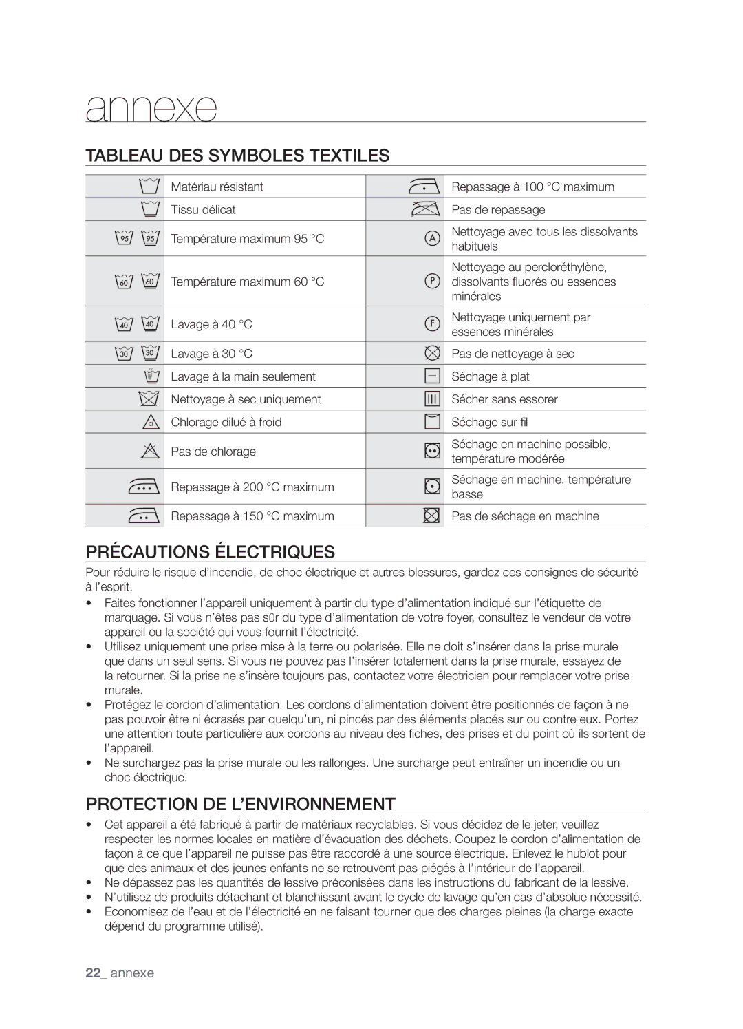 Samsung WF-J1263/XEF manual Annexe, Tableau DES Symboles Textiles, Précautions Électriques, Protection DE L’ENVIRONNEMENT 