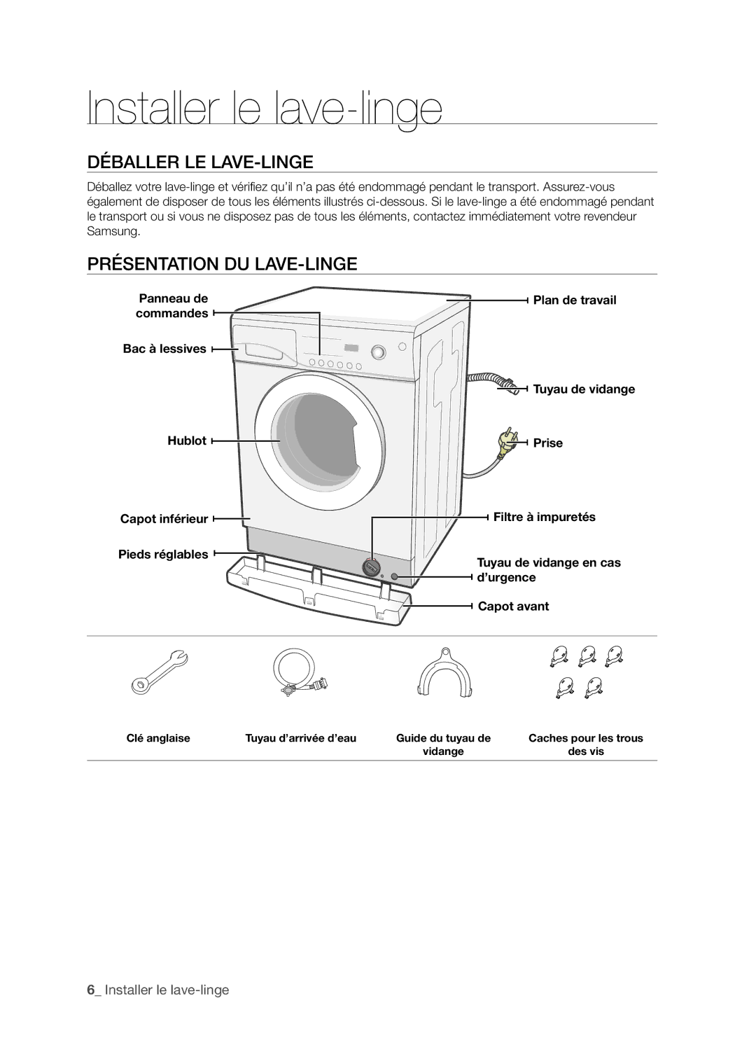 Samsung WF-J1263/XEF manual Installer le lave-linge, Déballer LE LAVE-LINGE, Présentation DU LAVE-LINGE 