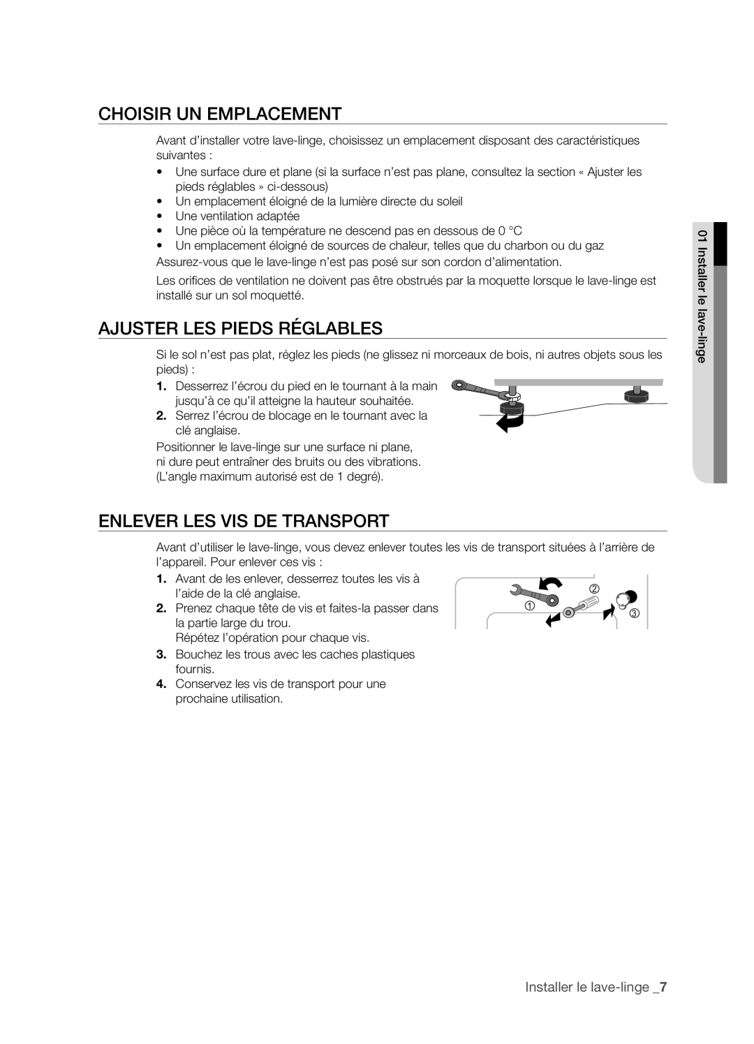 Samsung WF-J1263/XEF manual Choisir UN Emplacement, Ajuster LES Pieds Réglables, Enlever LES VIS DE Transport 