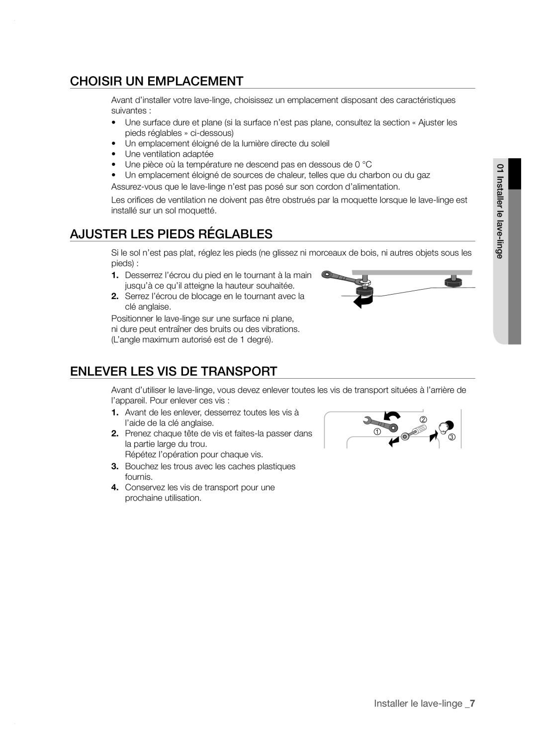 Samsung WF-J1264A/XEF manual Choisir UN Emplacement, Ajuster LES Pieds Réglables, Enlever LES VIS DE Transport 