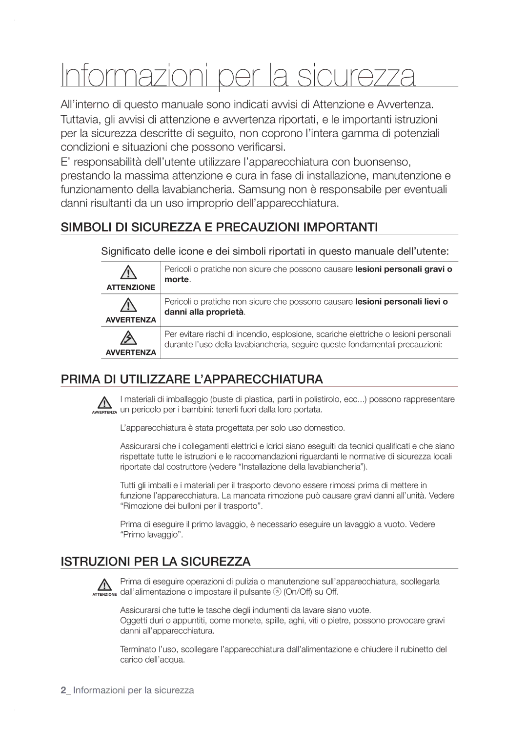 Samsung WF-J1054/XET, WF-J854/XET manual Informazioni per la sicurezza, Simboli DI Sicurezza E Precauzioni Importanti 