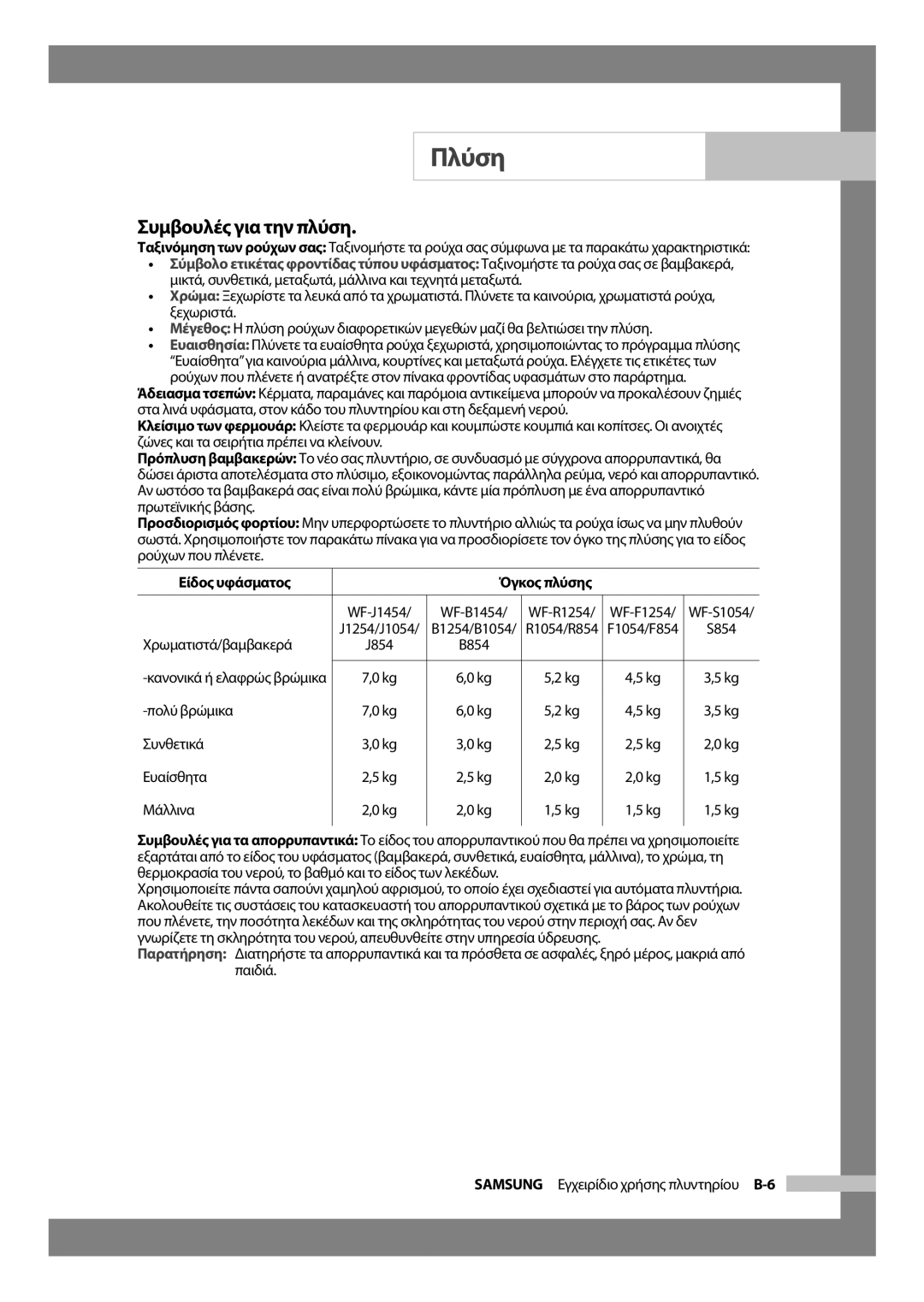 Samsung WF-J854/YLV manual Συμβουλές για την πλύση, Χρωματιστά/βαμβακερά, Πολύ βρώμικα Συνθετικά Ευαίσθητα Μάλλινα 