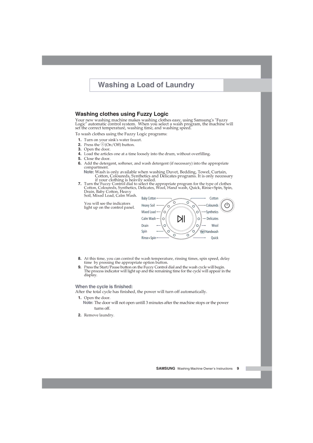 Samsung WF-J854/YLV manual Washing clothes using Fuzzy Logic, When the cycle is finished 