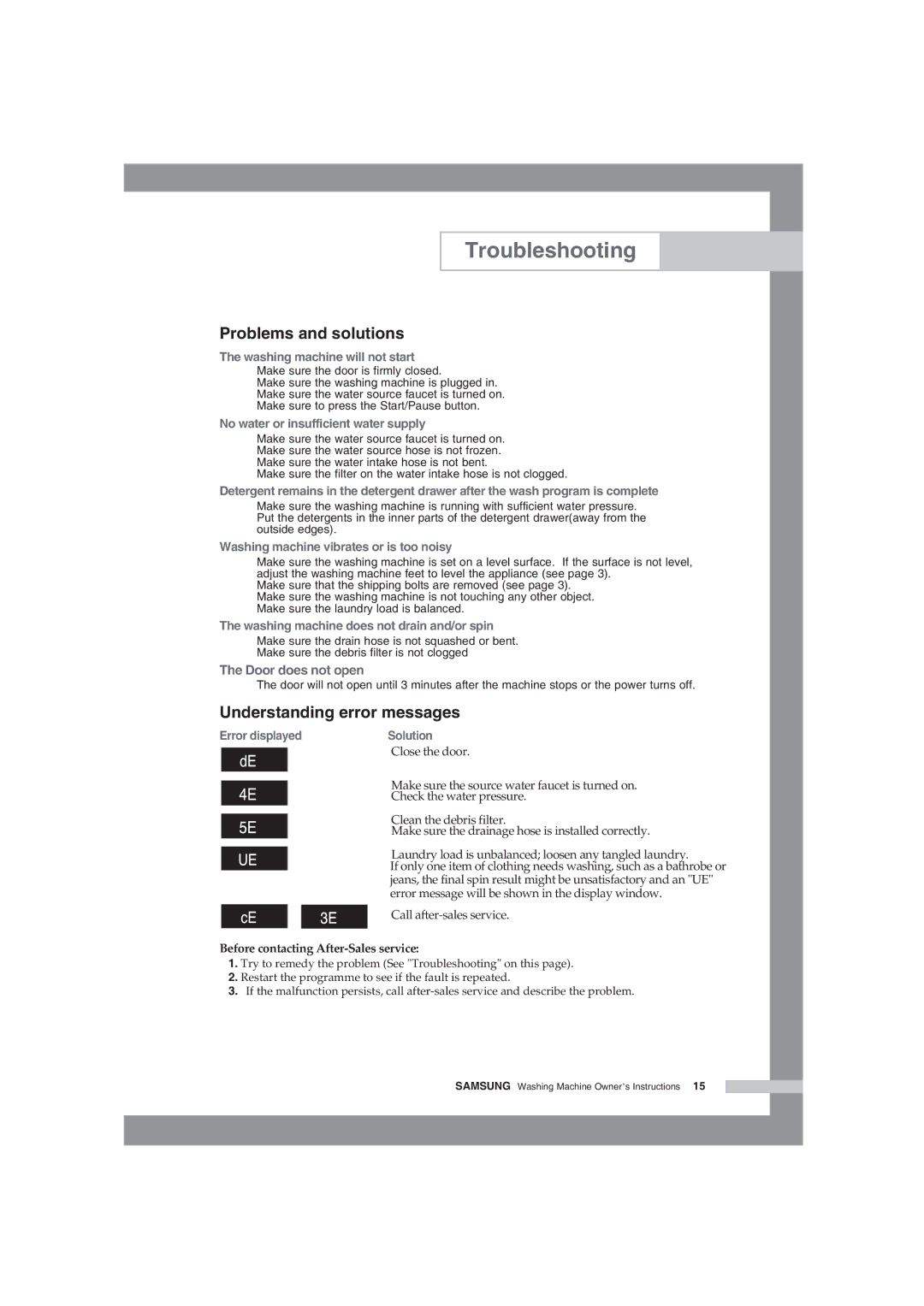 Samsung WF-J854/YLV manual Troubleshooting, Problems and solutions, Understanding error messages 