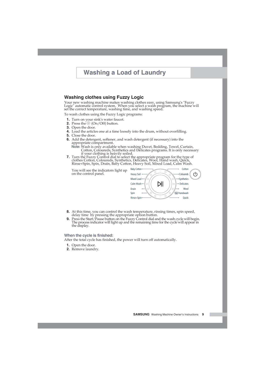 Samsung WF-J85AV/YLV manual Washing clothes using Fuzzy Logic, When the cycle is finished 