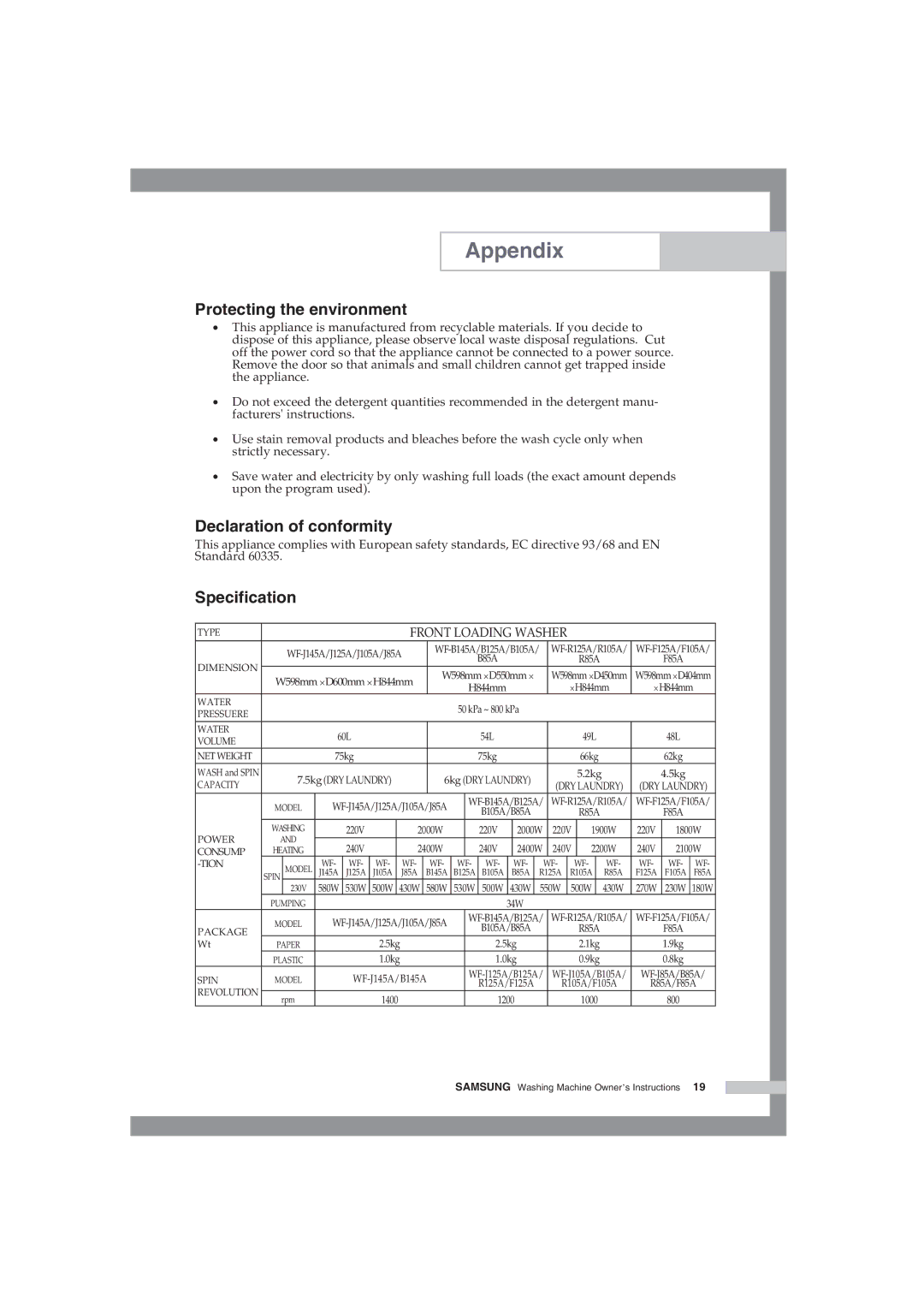 Samsung WF-J85AV/YLV manual Protecting the environment, Declaration of conformity, Specification 