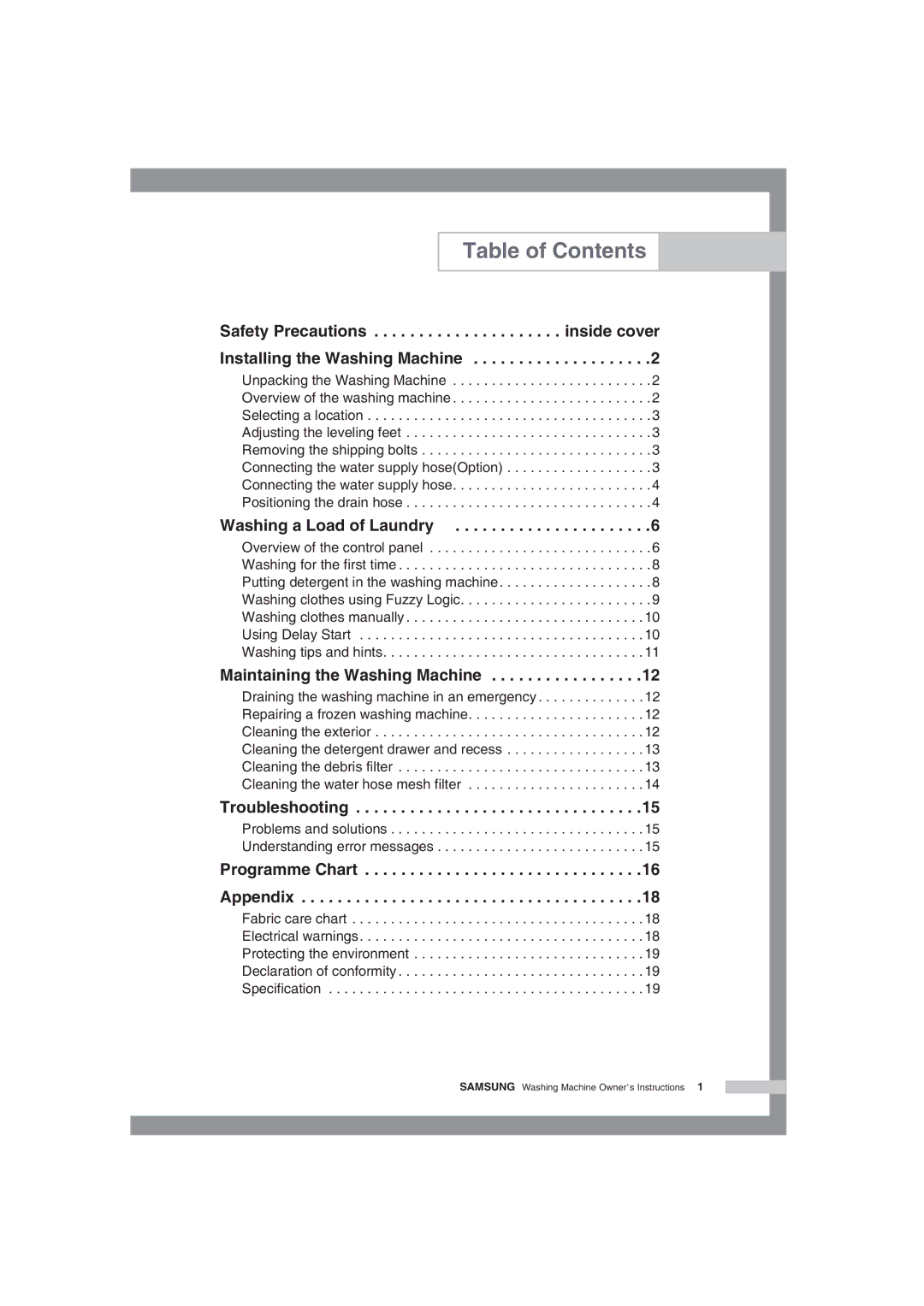 Samsung WF-J85AV/YLV manual Table of Contents 